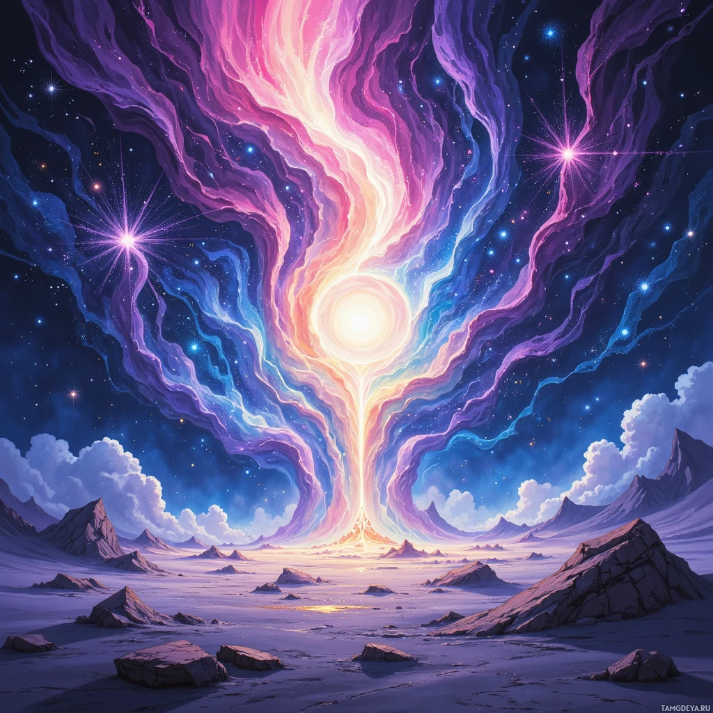 Яркий космический пейзаж с сияющим солнечным взрывом и нежными облаками над каменистой местностью.