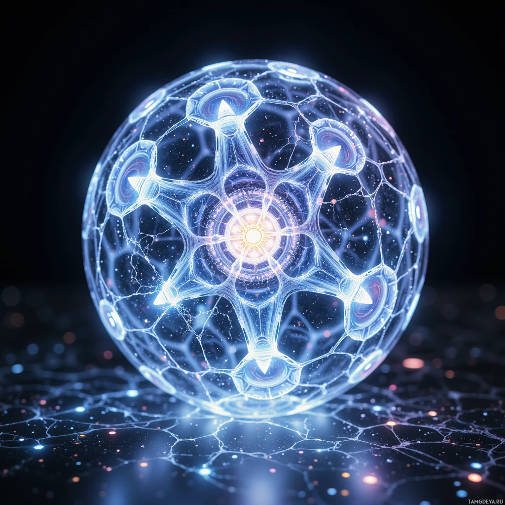 Светящаяся, замысловатая сферическая структура с сетью световых линий и ярким центральным ядром.
