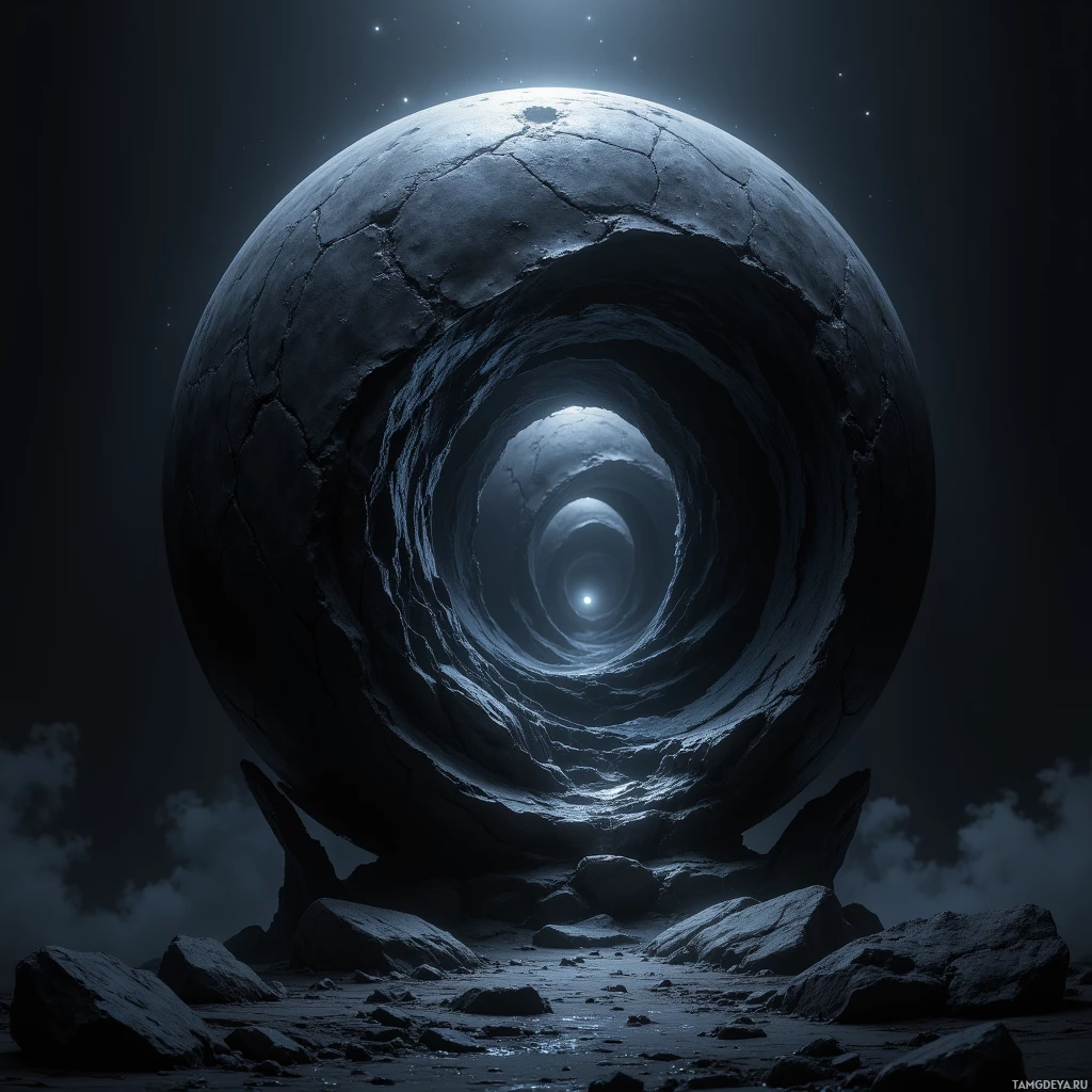 Semi-abstract image with many light, that is suitable for the post:  Matte black orb with velvet midnight sheen, swirling dark light inside, projecting faint spectral corridors and footprints, subtle inner glow, eerie hum.