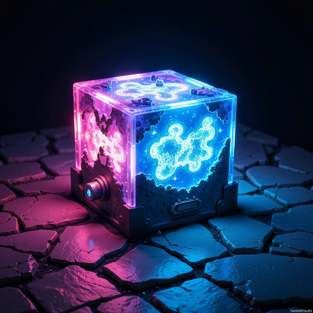 Куб, подсвеченный неоновым светом и украшенный сложным орнаментом, покоится на потрескавшейся каменной поверхности.