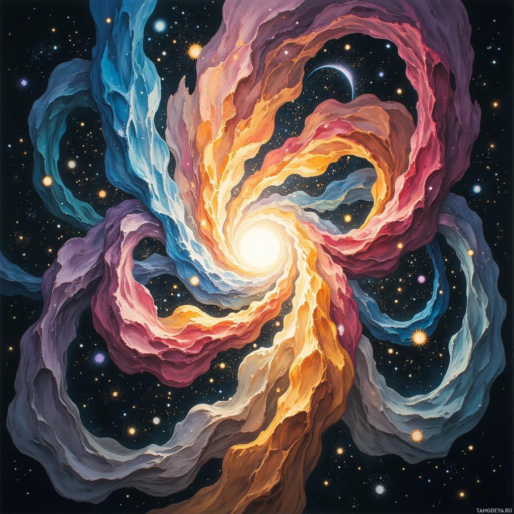 Яркий космический пейзаж с завихряющимися туманностями и звездами на темном фоне.