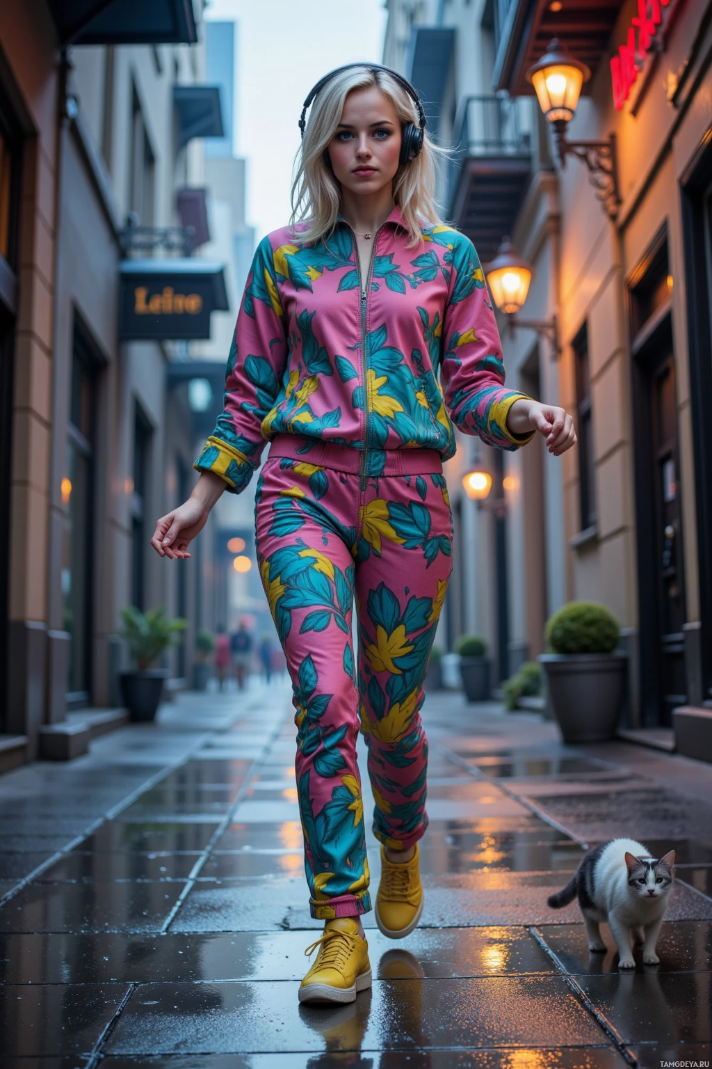 Realistic high quality photo. Female 23, platinum blonde bob, bright blue eyes, pale skin, wearing a vibrant patterned outfit with bright sneakers and headphones, dancing down a rain‑slick city alley illuminated by a subtle neon glow, while a stray cat pirouettes across the pavement under late afternoon street lamps.