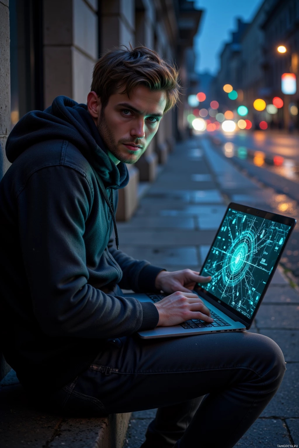Realistic high quality photo. A methodical man, 30, with tousled light brown hair and blue eyes, wearing a dark hoodie and casual black shirt, sits on a dimly lit city curb at night, holding a laptop that displays a glowing encrypted map with highlighted blacklisted alleys, surrounded by wet pavement and flickering streetlights, looking focused and slightly paranoid.