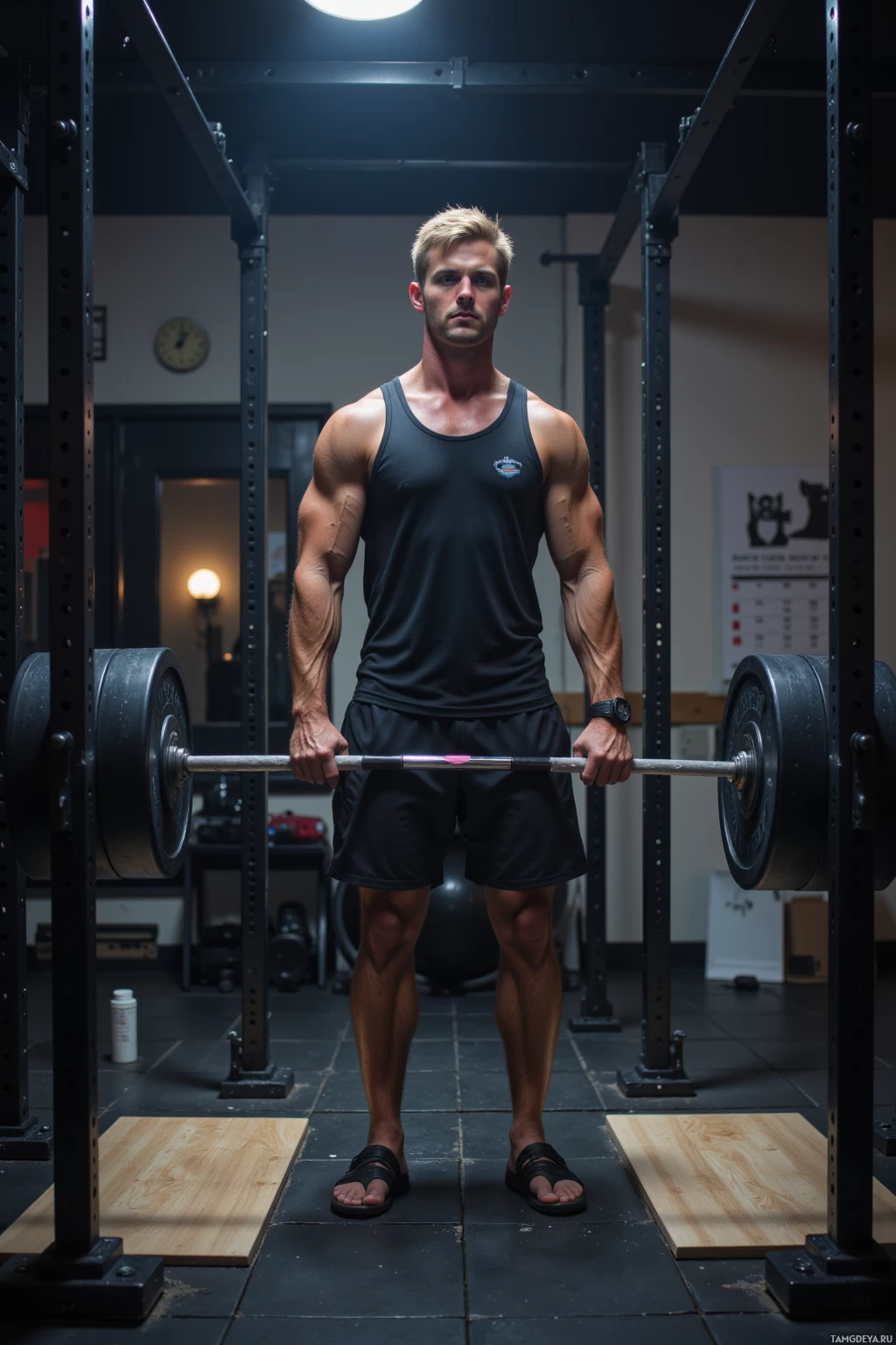 Realistic high quality photo. A 27‑year‑old man with short blonde hair and bright blue eyes, wearing a sleeveless black tank top and matching athletic shorts, deadlifts a barbell in a dim morning gym bathed in sunrise light, flickering overhead lights, the bar wobbling as he surpasses his record, a wall calendar with cat drawings visible, and a faint translucent ghostlike figure hovering beside the equipment.