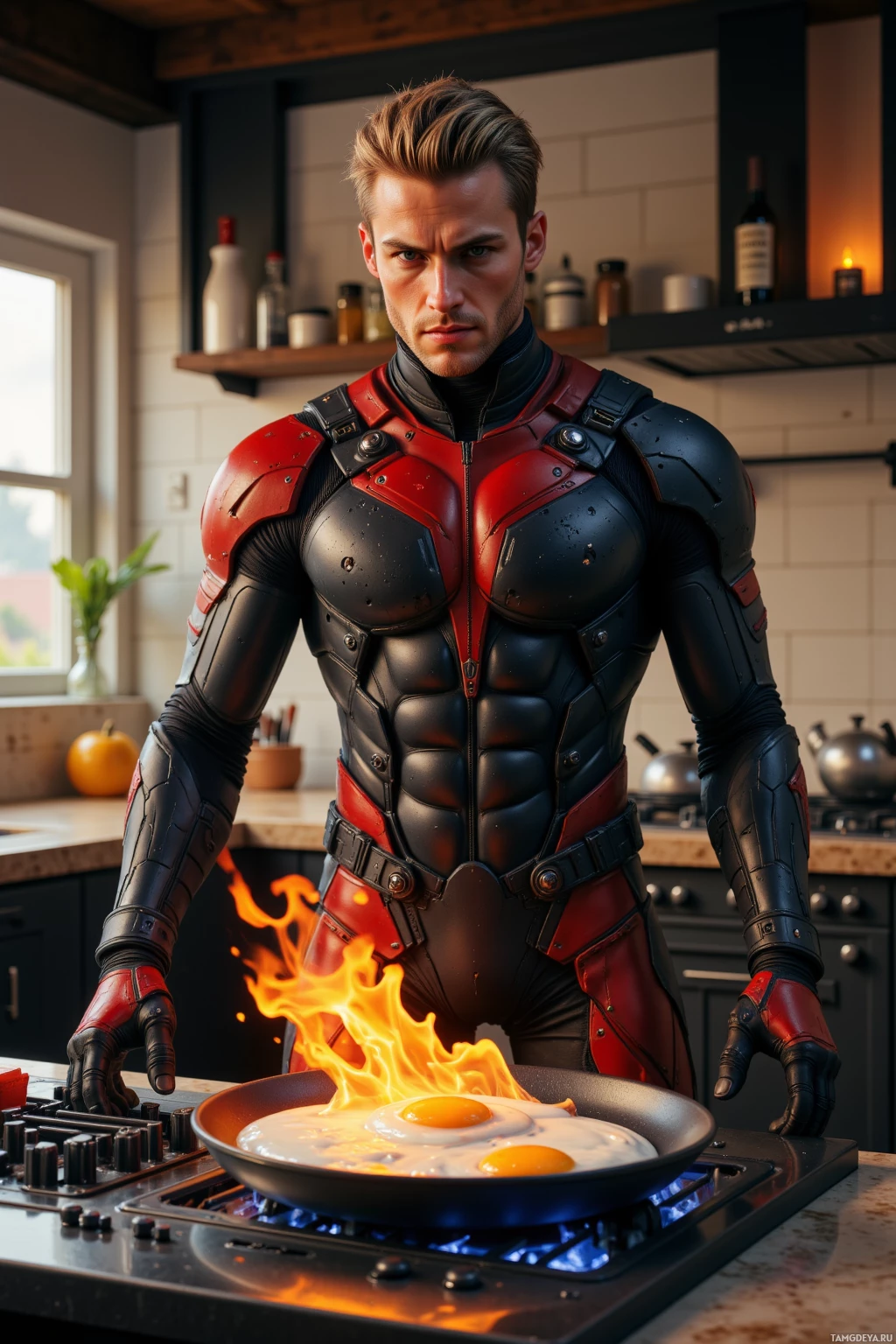 Realistic high quality photo. Male, 29, lithe, blonde hair slicked back, piercing blue eyes, sharp angular features, mischievous grin, wearing a form‑fitting black and red stealth outfit with sleek armor panels, stands in a futuristic kitchen at dawn, flipping eggs that flare like a sunrise on a quantum‑powered combustion stove fused to a spice rack, while blinking kitchen lights pulse rhythmically.
