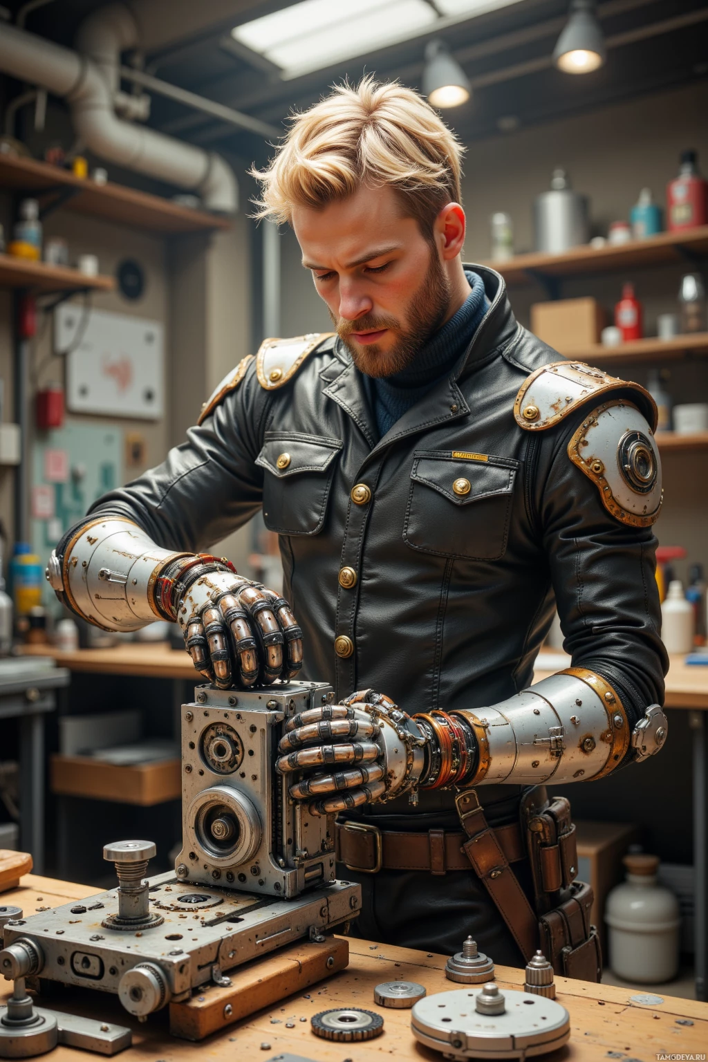 Realistic high quality photo. Male engineer, 28, tall, short blonde hair, bright blue eyes, pale complexion, tailored leather jacket with brass buttons, high‑waisted copper‑accented trousers, sturdy gear‑adorned boots, sleek silver mechanical arm with copper wiring, working in a sunlit workshop filled with lubricants and tools, tightening a gear on a solar‑driven prototype gear train on a workbench to millimeter precision.