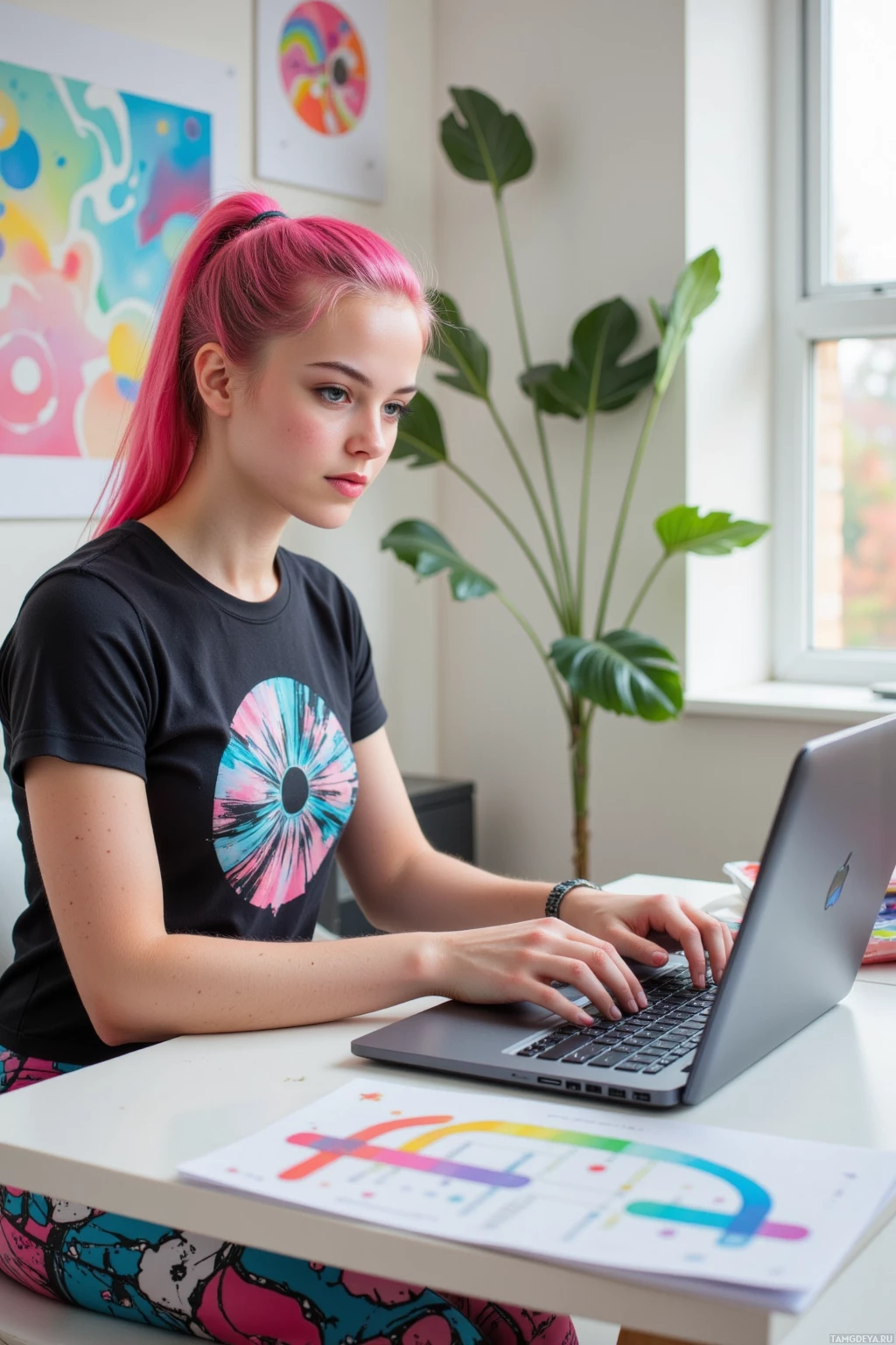 Realistic high quality photo. A 24‑year‑old woman with bubblegum pink ponytail, blue eyes, pale skin, wearing a fitted graphic t‑shirt and bold patterned leggings, sits in a modern home office, intensely aligning a stubborn pixel grid on a laptop screen, surrounded by stacks of half‑finished mood boards and pastel glitch trend charts, with early afternoon light streaming through a window.