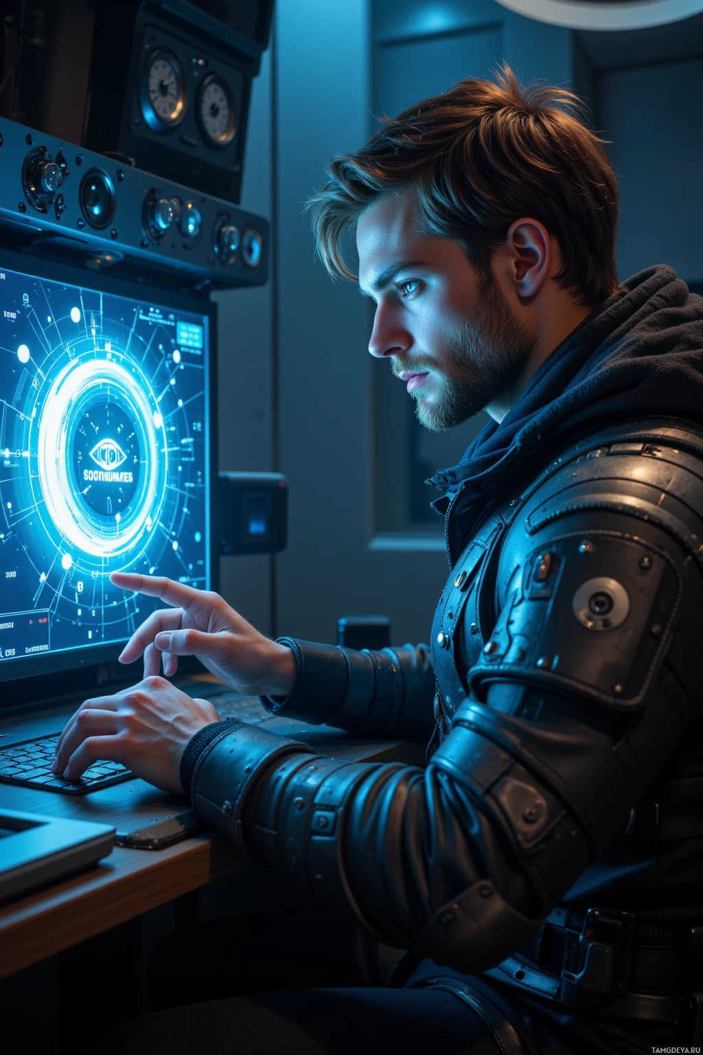 Realistic high quality photo. A 37‑year‑old man with short brown hair, piercing blue eyes, pale skin, wearing rugged battle gear of metal and synthetic fabrics, sits at a dimly lit high‑tech console, patching a holographic “warmth protocol” icon that emits a digital eye‑roll while a swirling blue nanobot code thread forms sonnets above the screen, with a glowing encrypted vault in the background at midnight.