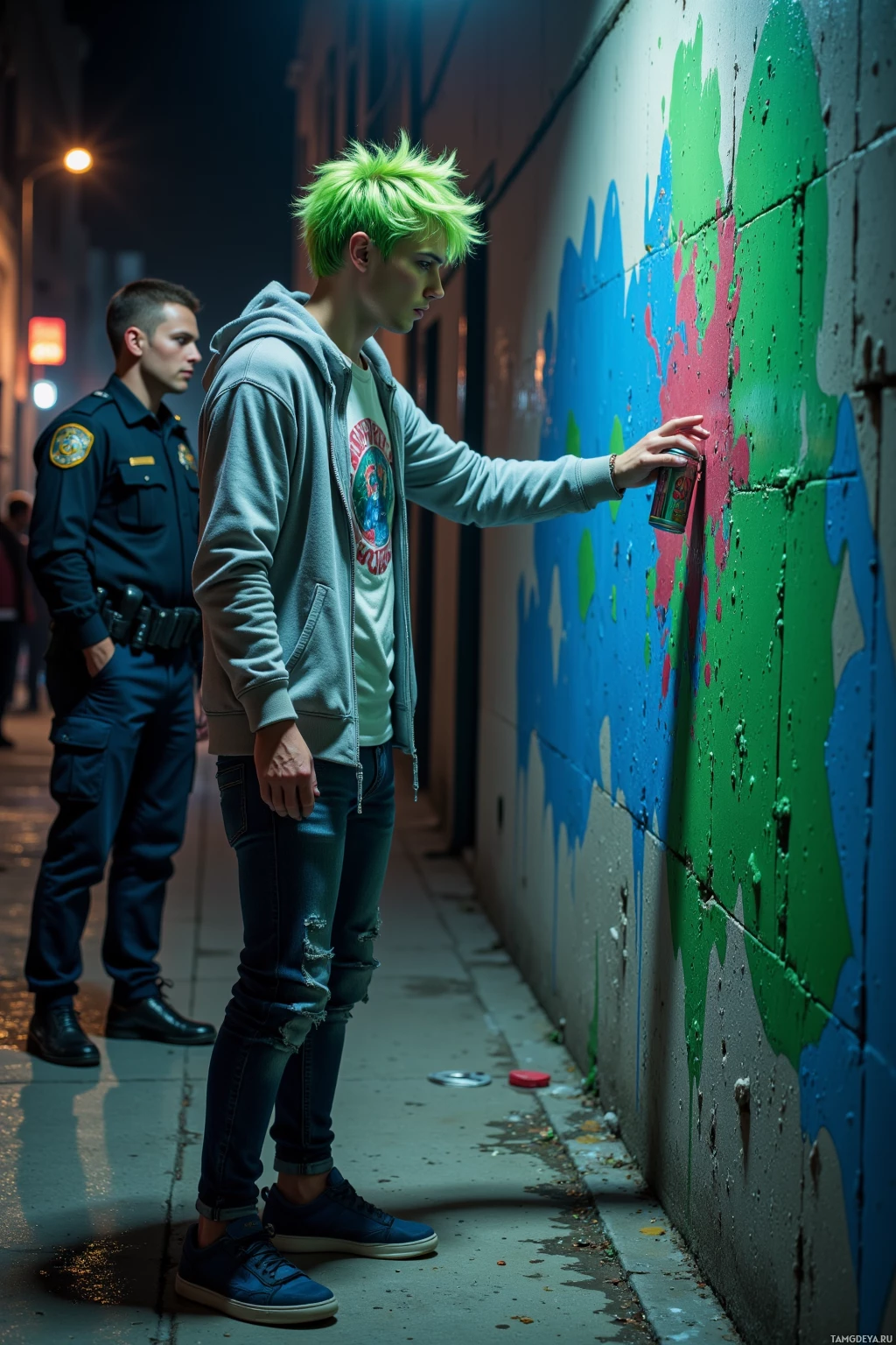 Realistic high quality photo. A 22‑year‑old man with messy spiky bright green hair, striking blue eyes, fair skin, wearing a graphic t‑shirt under a lightweight hoodie, jeans, and worn sneakers, stands in a dim alley at night, spray can in hand, splashing bright green and blue paint onto a blank concrete wall while police in shiny badges watch, the freshly sprayed colors glowing against the dark concrete.