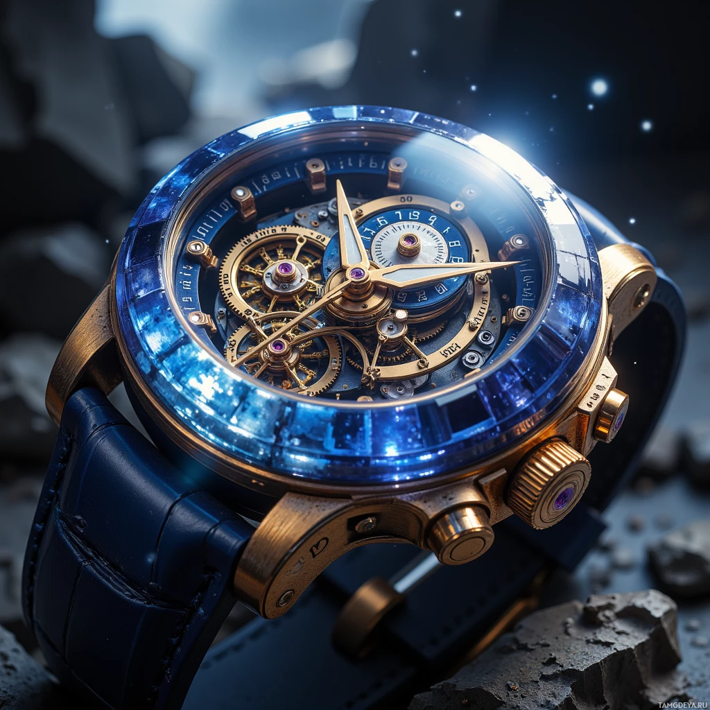 Semi-abstract image with many light, that is suitable for the post:  Handcrafted mechanical watch, translucent sapphire case revealing intricate brass gear train, pendulum, finely carved escapement, self‑winding mechanism, minimalist dial with muted gold accents.