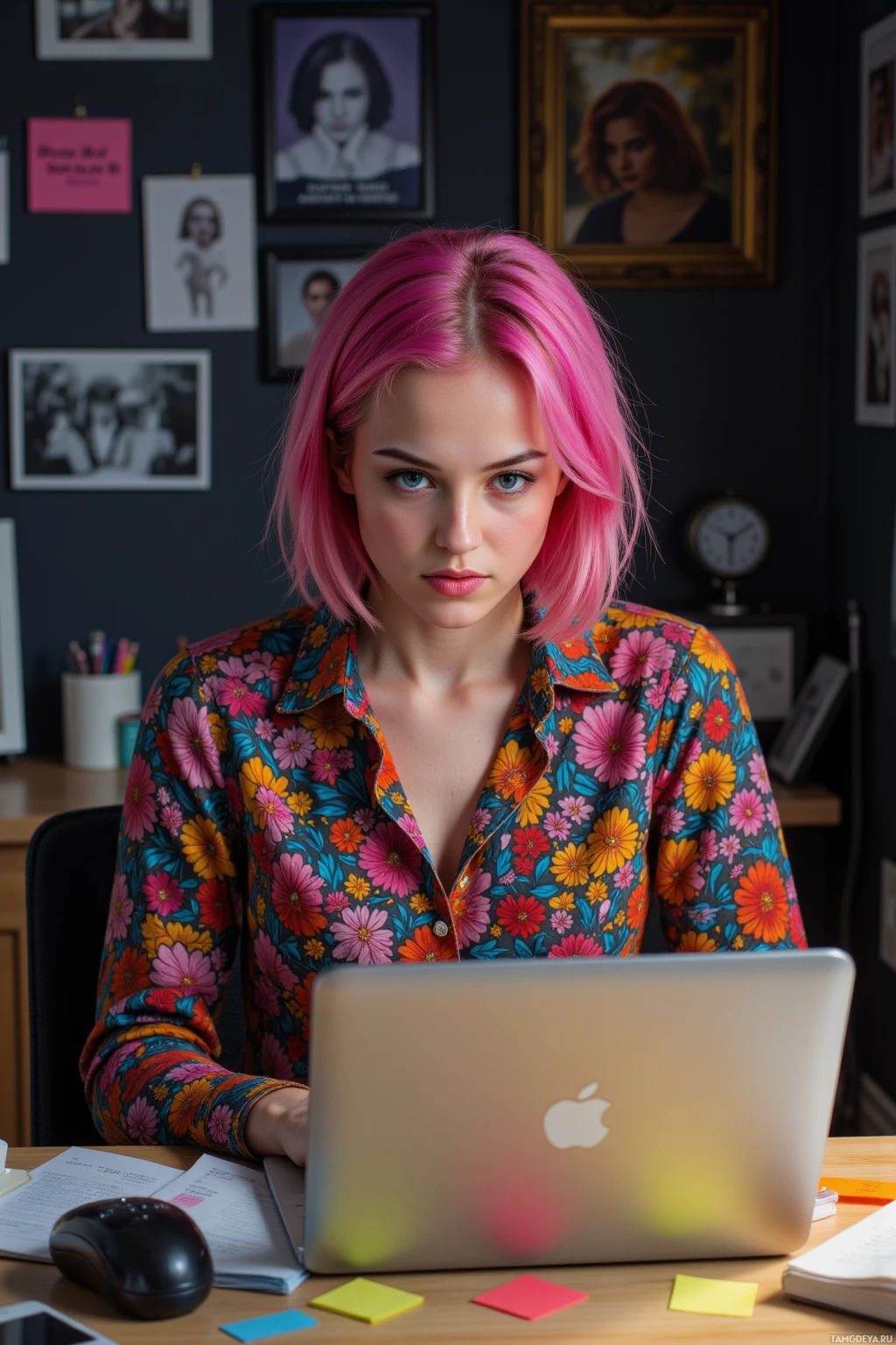 Realistic high quality photo. A 23‑year‑old woman with bright pink hair, blue eyes and fair skin, wearing a vibrant patterned blouse, sits at a cluttered home office desk late at night, scrolling on her laptop surrounded by meme screenshots and sticky notes, the screen’s soft glow casting warm light on her focused, mischievous expression.