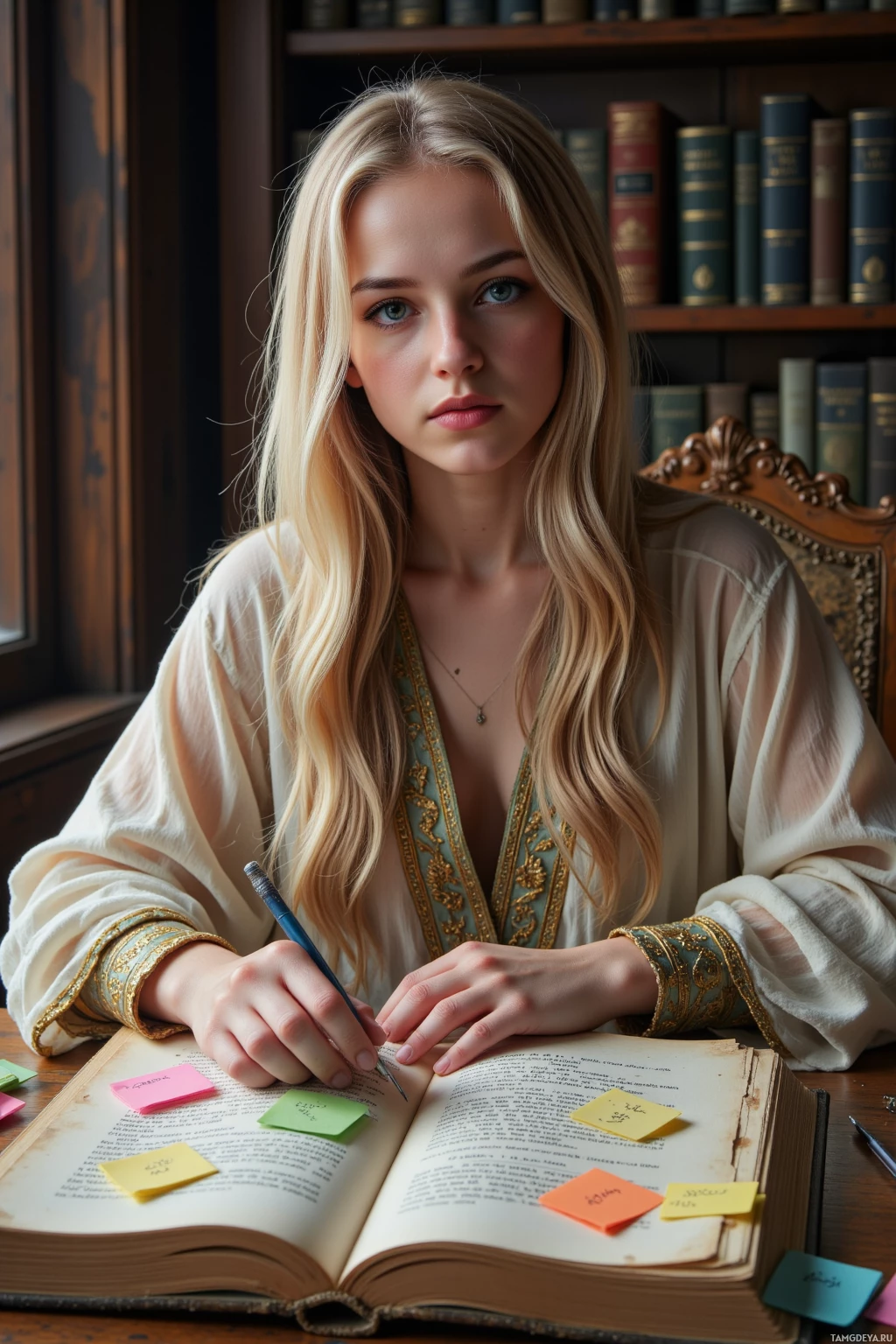 Realistic high quality photo. Woman, 25, long wavy blonde hair, green eyes, pale layered robe with gold embroidery and sheer sleeves, hunched over a cracked ancient grimoire on a wooden desk in a moonlit study, layering brightly colored sticky notes beside the text, surrounded by dusty tomes and a single candle.