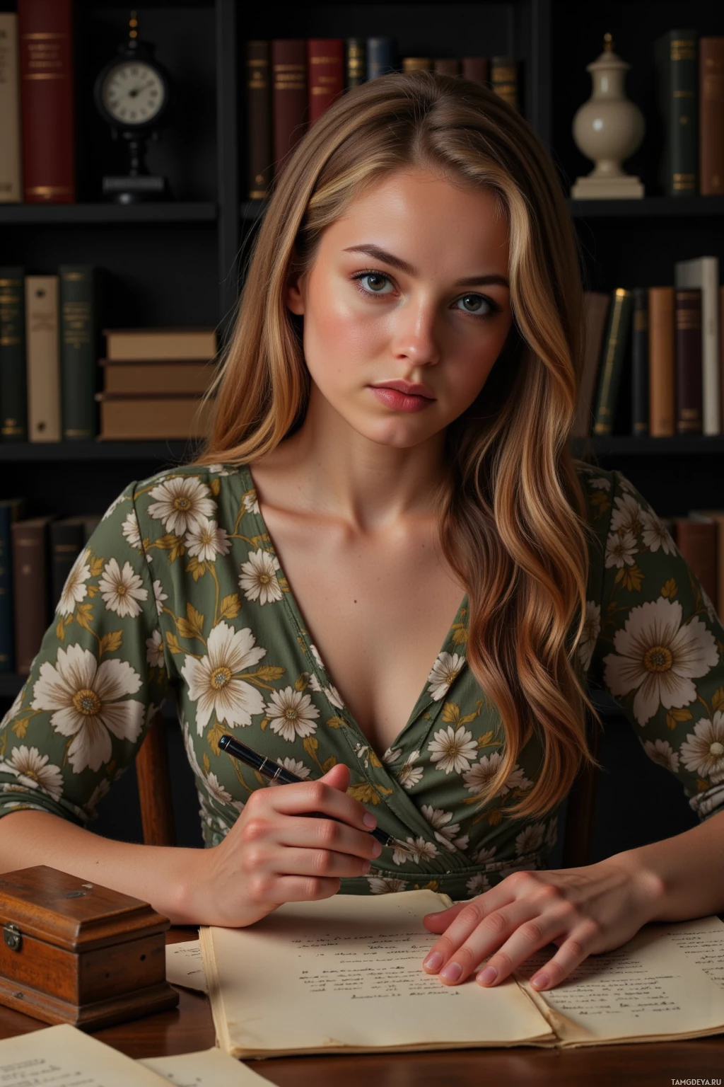 Realistic high quality photo. A 34-year-old woman with long wavy blonde hair and hazel eyes, wearing a retro floral dress, holds a walnut box in her palm while tracing the outlines of old letters with a fountain pen under flickering lamplight in a dim study at night, surrounded by stacks of paper and a faint scent of dried ink.
