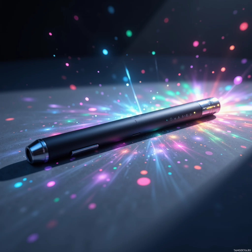 Semi-abstract image with many light, that is suitable for the post:  ultra‑thin pocket‑sized stylus with a matte black chassis, silver alloy rim, integrated holographic projector projecting colorful data overlays onto surfaces, slender sleek profile, smooth matte finish, subtle LED indicators, and a minimalist button layout.