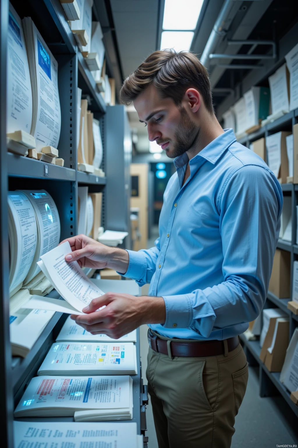 Realistic high quality photo. Man, 30, neat light brown hair, clear blue eyes, pale skin, wearing a crisp light blue shirt with rolled-up sleeves and beige chinos, meticulously sorting holographic scrolls in a modern high‑tech archive with shelves of glowing data scrolls and a floating holographic display, day‑time fluorescent lighting, focused and meticulous posture.
