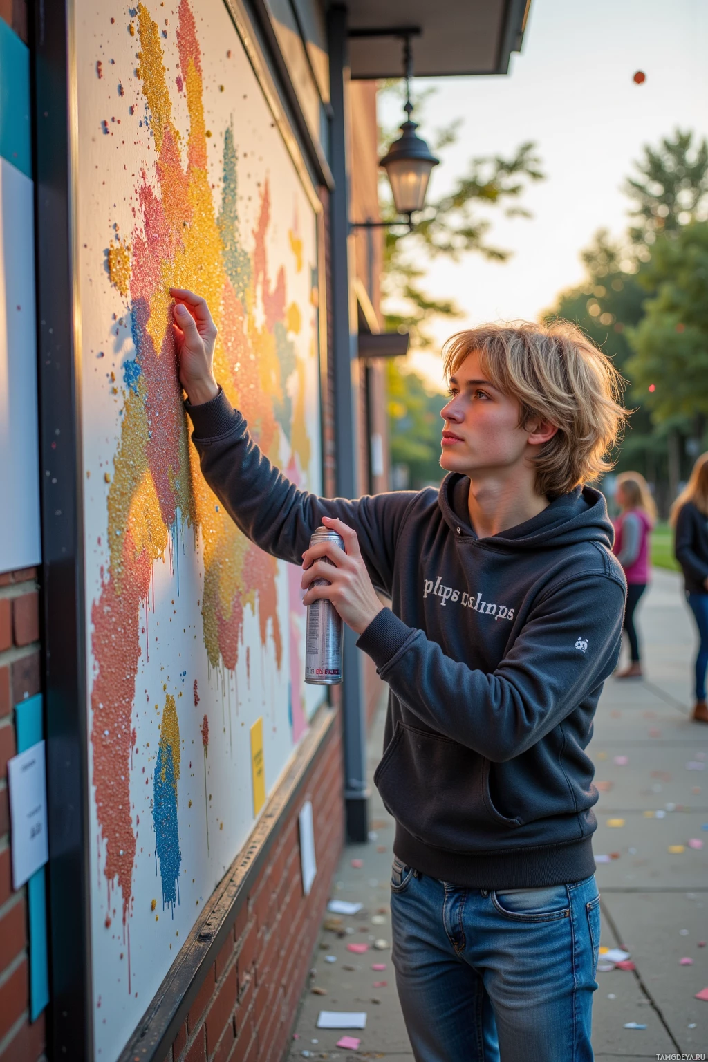 Realistic high quality photo. 21-year-old man with messy blonde hair, bright blue eyes, pale skin, wearing a casual hoodie and jeans, spray‑painting a glitter‑covered bulletin board on a college campus at late afternoon, giving a high five to a fellow student amid confetti.