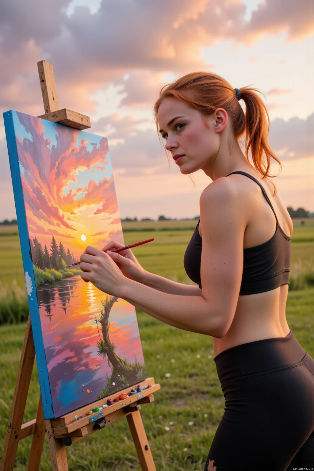 Realistic high quality photo. Female, 27, vibrant red hair, bright blue eyes, athletic build, wearing fitted leggings and a sleek tank top, painting a landscape on a canvas outdoors at sunset with the sky's blush, wind blowing her hair across a field of grass and distant horizon, determined expression, modern realism.