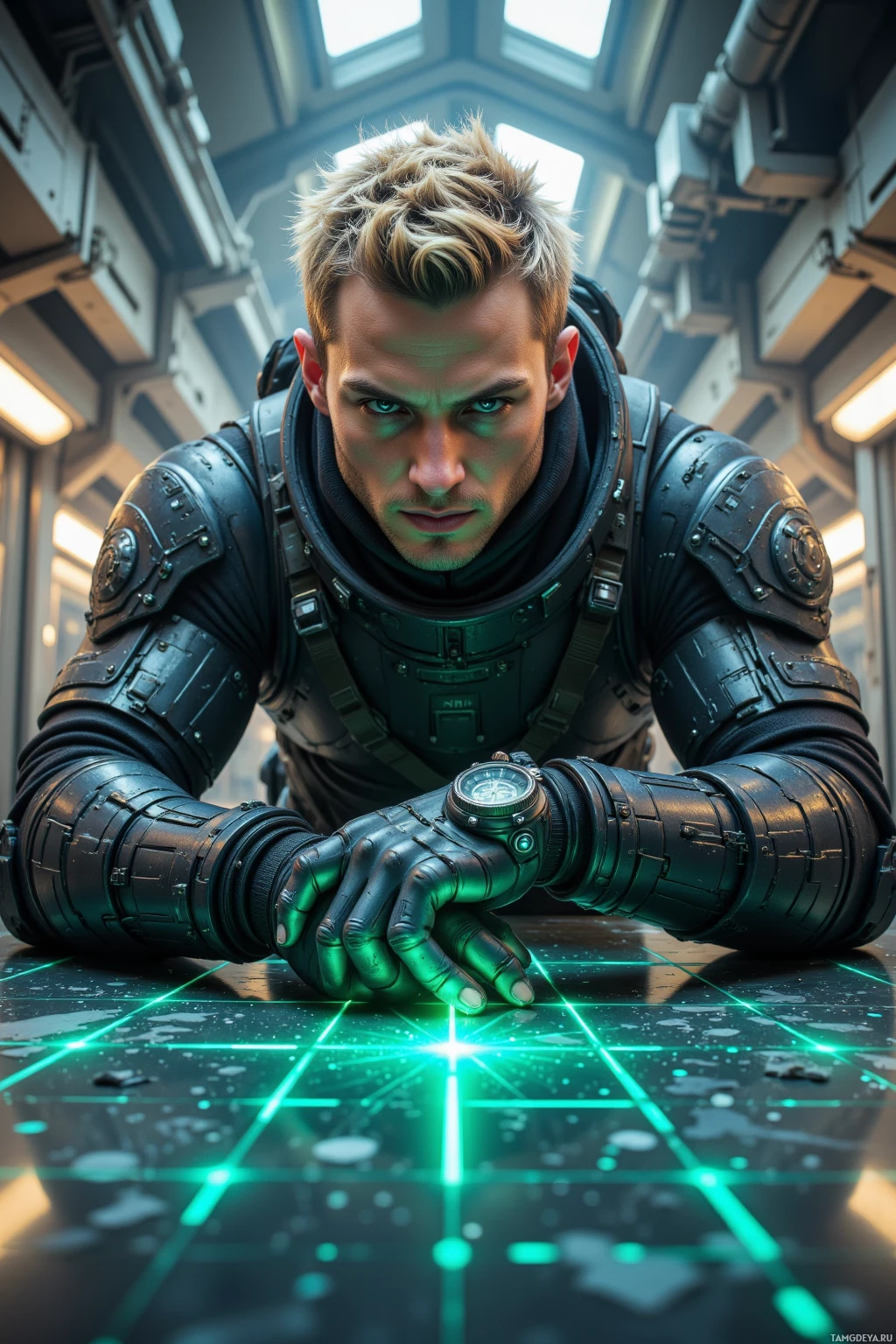 Realistic high quality photo. A 31‑year‑old male tactical operative with short blonde hair, sharp blue eyes, angular features, strong jaw, wearing advanced combat gear with neon green accents, fine‑tuning a wrist chronograph to align precisely with a laser grid in a morning‑lit docking bay, nanite patterns subtly visible on the surface.