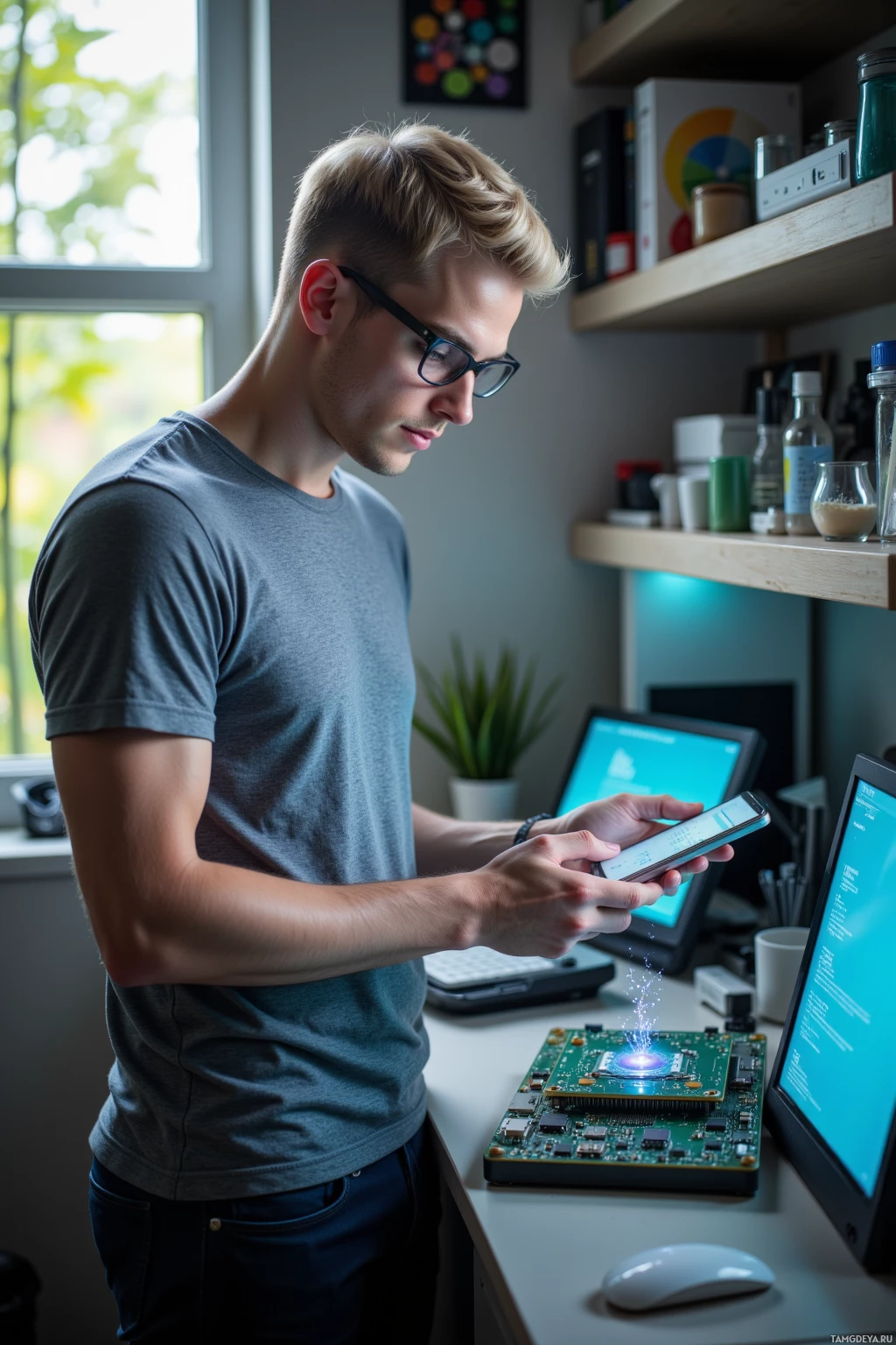Realistic high quality photo. male, 29, short blonde hair, blue eyes, pale skin, grey casual shirt, dark jeans, smart glasses, holding a sleek smartphone, dissecting a LatticeAI microprocessor inside a quiet lab with a soft blue glow from the debug screen, bamboo visible through a window outside, afternoon light, focused and analytical posture.