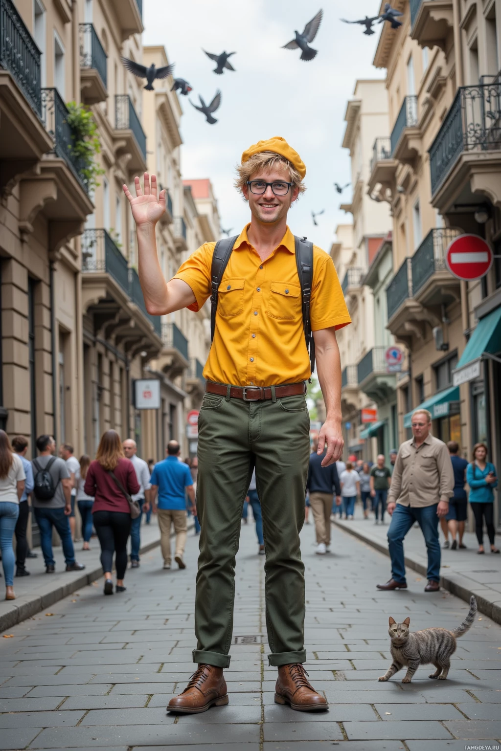 Realistic high quality photo. Tall, goofy 25‑year‑old male with tousled blonde hair, messy yellow cap, bright blue eyes behind wire‑rimmed glasses, wearing a bright yellow shirt and dark green chinos, standing on a gray street at midday, delivering a punchline to a street musician playing a kazoo, pigeons cooing overhead, a stray cat watching from the curb, smiling broadly and waving a hand in a playful, comedic pose.