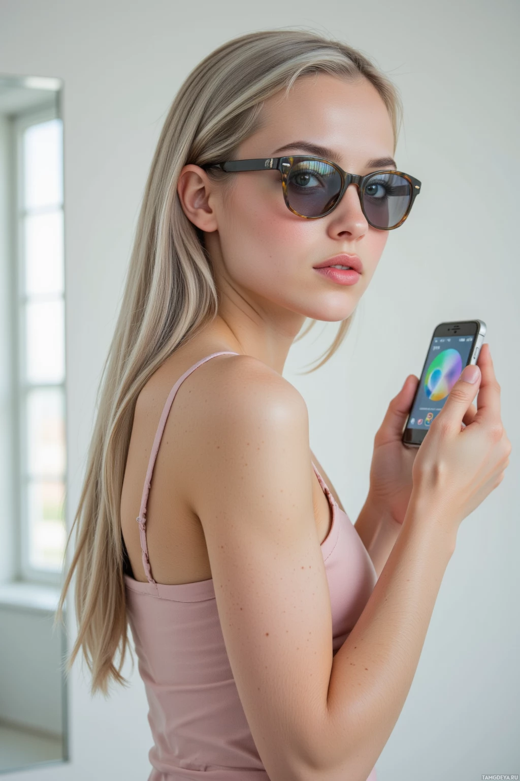 Realistic high quality photo. Woman, 27, sleek silvery hair, bright blue eyes, fair skin, high cheekbones, wearing a modern elegant dress, standing in a minimalist studio with a mirrored frame, low‑angle view of her reflection, holding a phone adjusting hue filters, her gaze subtly shifting, reflective sunglasses, soft natural light.