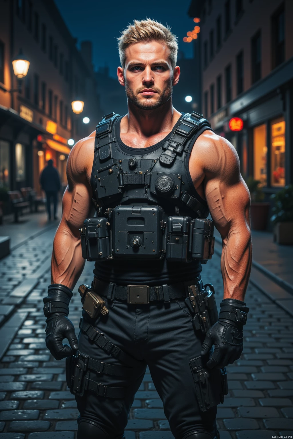 Realistic high quality photo. Muscular 34‑year‑old man with short blonde hair and piercing blue eyes, wearing tactical gear and rugged outdoor clothing, stands unyieldingly in a dimly lit city plaza at night, city lights flicker, orange glow from a distant depot, shadows slide across cobblestones, he holds a vigilant, steel‑like protective stance.