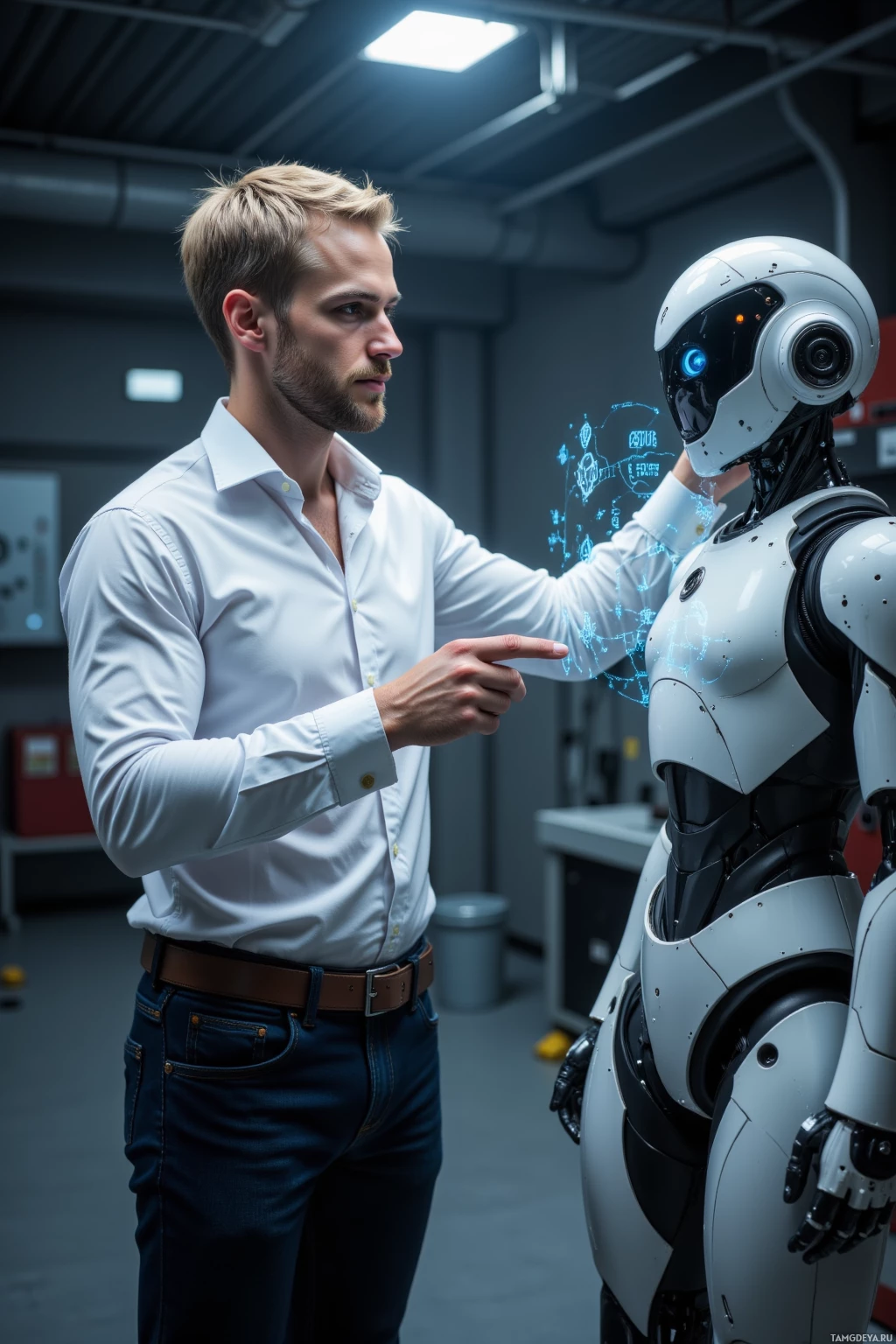 Realistic high quality photo. Male, 32, short blonde hair, clear blue eyes, crisp white dress shirt and dark jeans, standing in a dimly lit docking bay, gently pointing at a maintenance drone with floating holographic error diagrams, his expression calm and slightly amused as the drone’s eyes flash binary code.