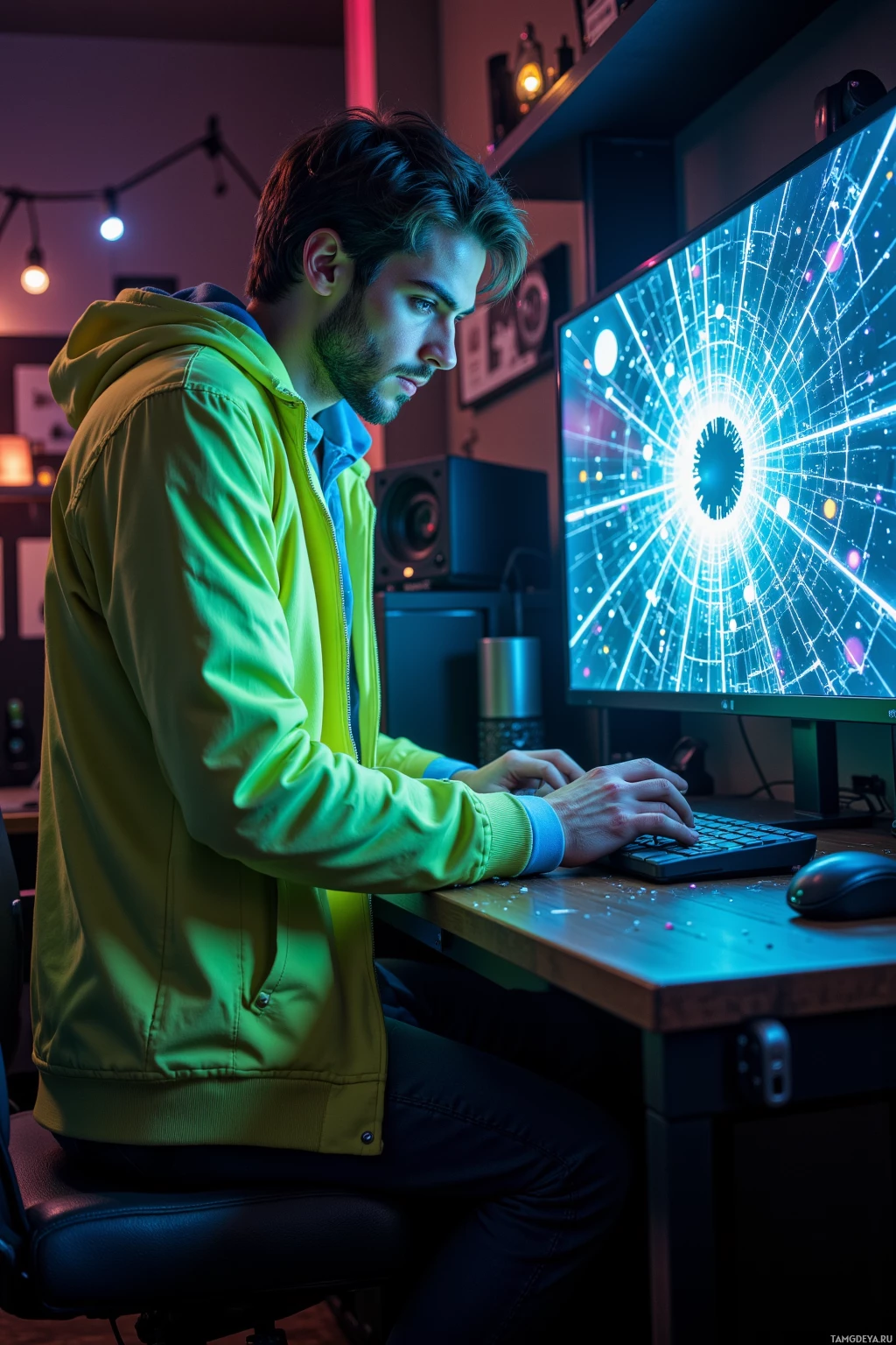 Realistic high quality photo. Man, 23, light brown hair, blue eyes, pale skin, neon jacket and casual pants, standing in a dimly lit editing studio, staring at a cracked monitor overflowing with pixelated glitch art, fingers poised over a keyboard, expression of restless excitement.