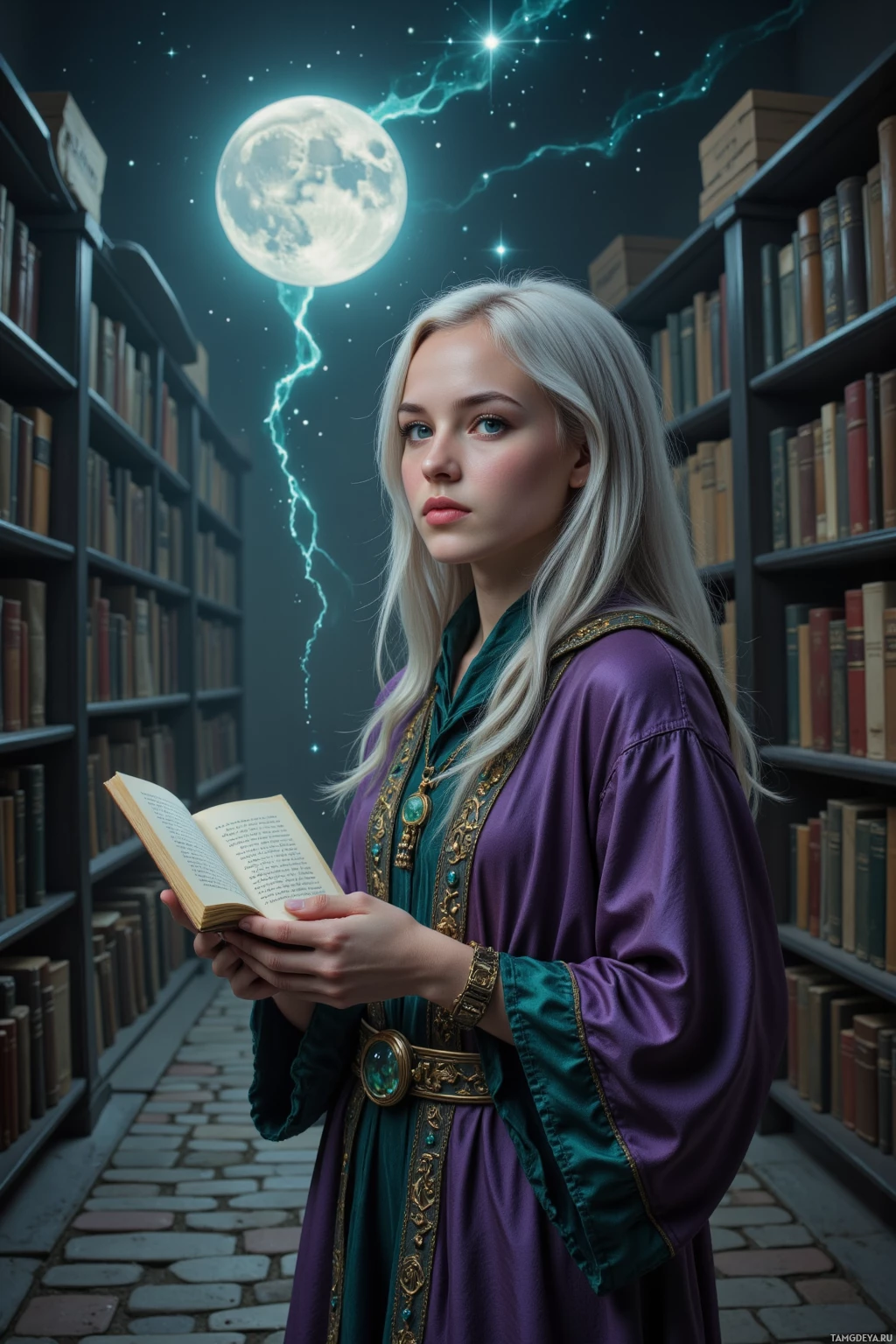 Realistic high quality photo. A silver-haired, emerald-eyed 25-year-old woman in mystical robes with a gemstone pendant stands in a moonlit library with cobblestone floors, chasing a star that dissolves into parchment while a notebook is tucked in a pocket of twilight, listening to distant constellations.