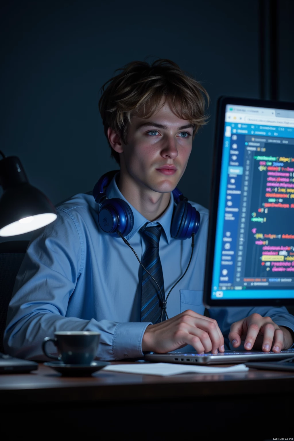 Realistic high quality photo. A 17‑year‑old male with messy blonde hair, bright blue eyes, fair skin, wearing a neat school uniform with a loose tie and blue headphones around his neck, sits at a modern desk late at night, typing on a laptop that displays a stack overflow error and a 404 page, a small lamp illuminating his focused yet slightly amused expression as code snippets and a meme post are visible on a browser tab.