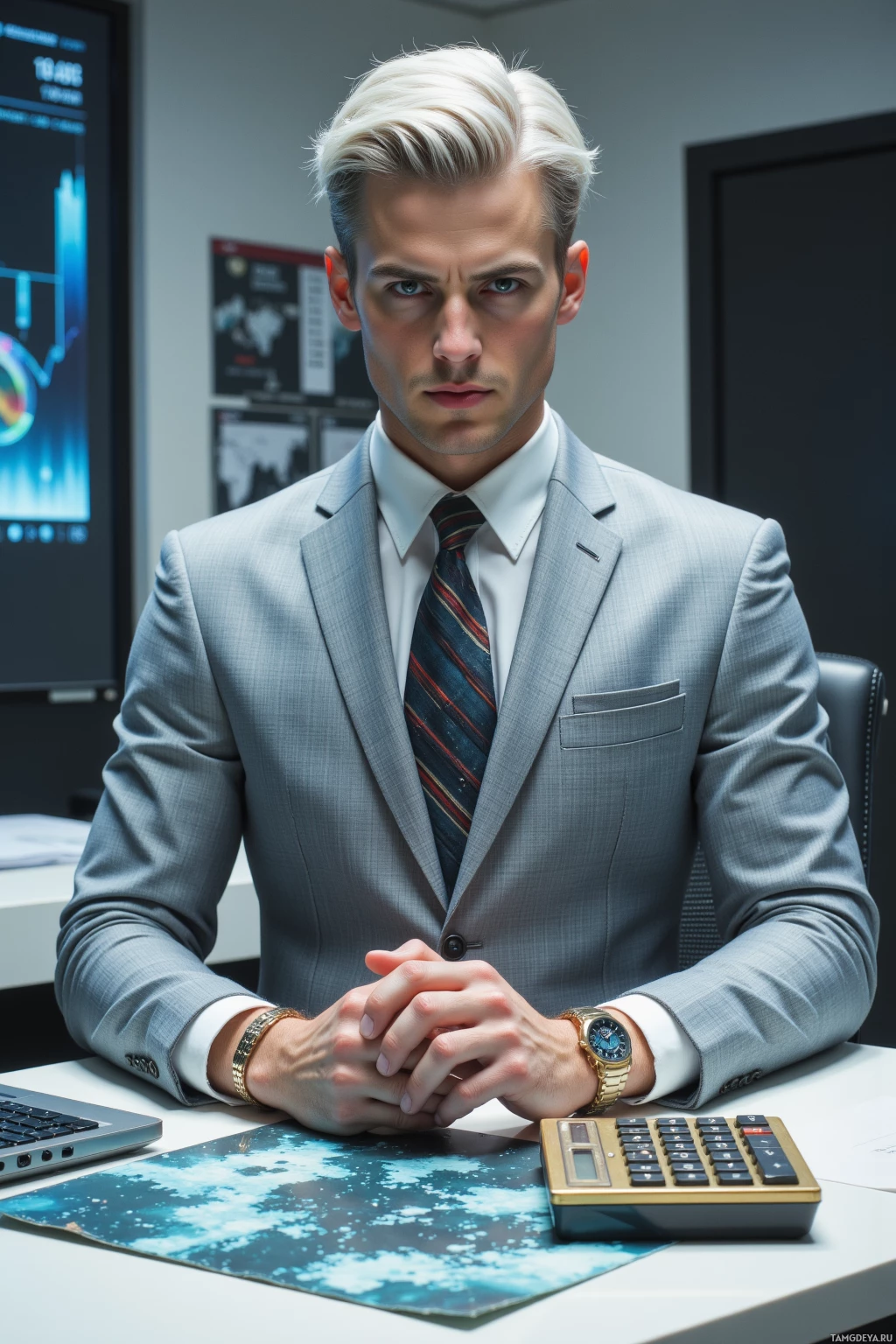 Realistic high quality photo. Male, 33, sleek silver hair, blue eyes, pale skin, wearing a tailored light gray suit with subtle metallic details, standing in a pristine corporate moon office, calibrating a brass 1975 HP‑35 calculator while a holographic market analyst projects data, his 1970s analog watch on his wrist, desk immaculate, atmosphere of cold efficiency and futuristic business.