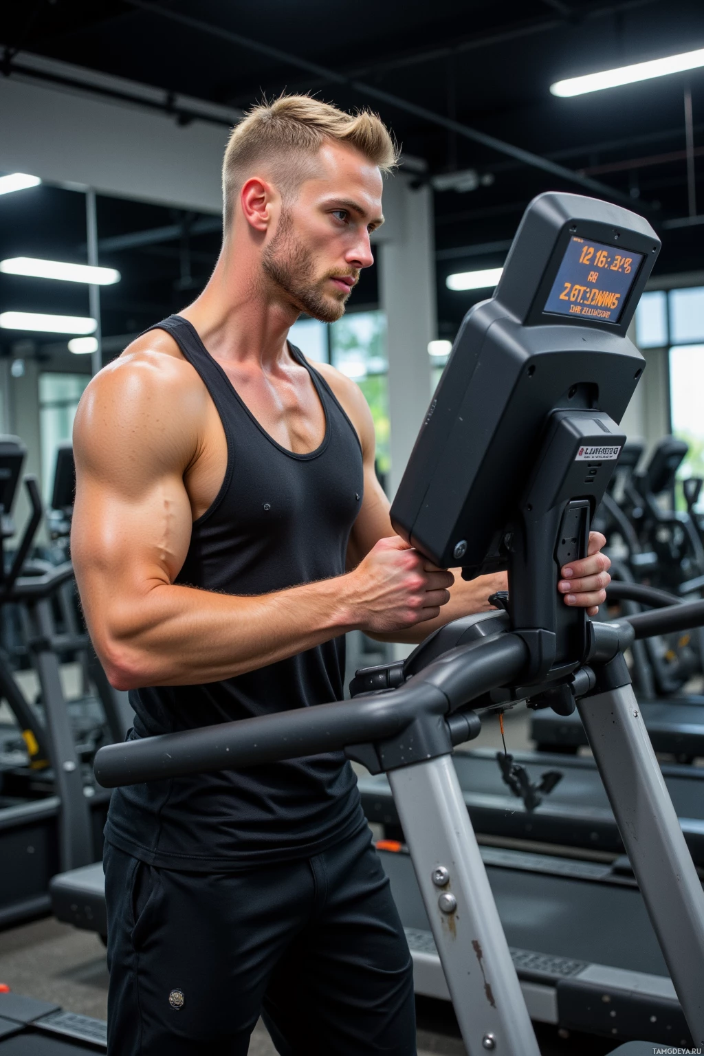 Realistic high quality photo. A 34‑year‑old man with short blonde hair and clear blue eyes, wearing a sleek black tank top and matching sweatpants, stands at a treadmill in a modern gym, focused on a monitor displaying precise 5k split times and variance percentages, adjusting the machine with a determined, slightly smug expression as a small speaker signals a deviation.
