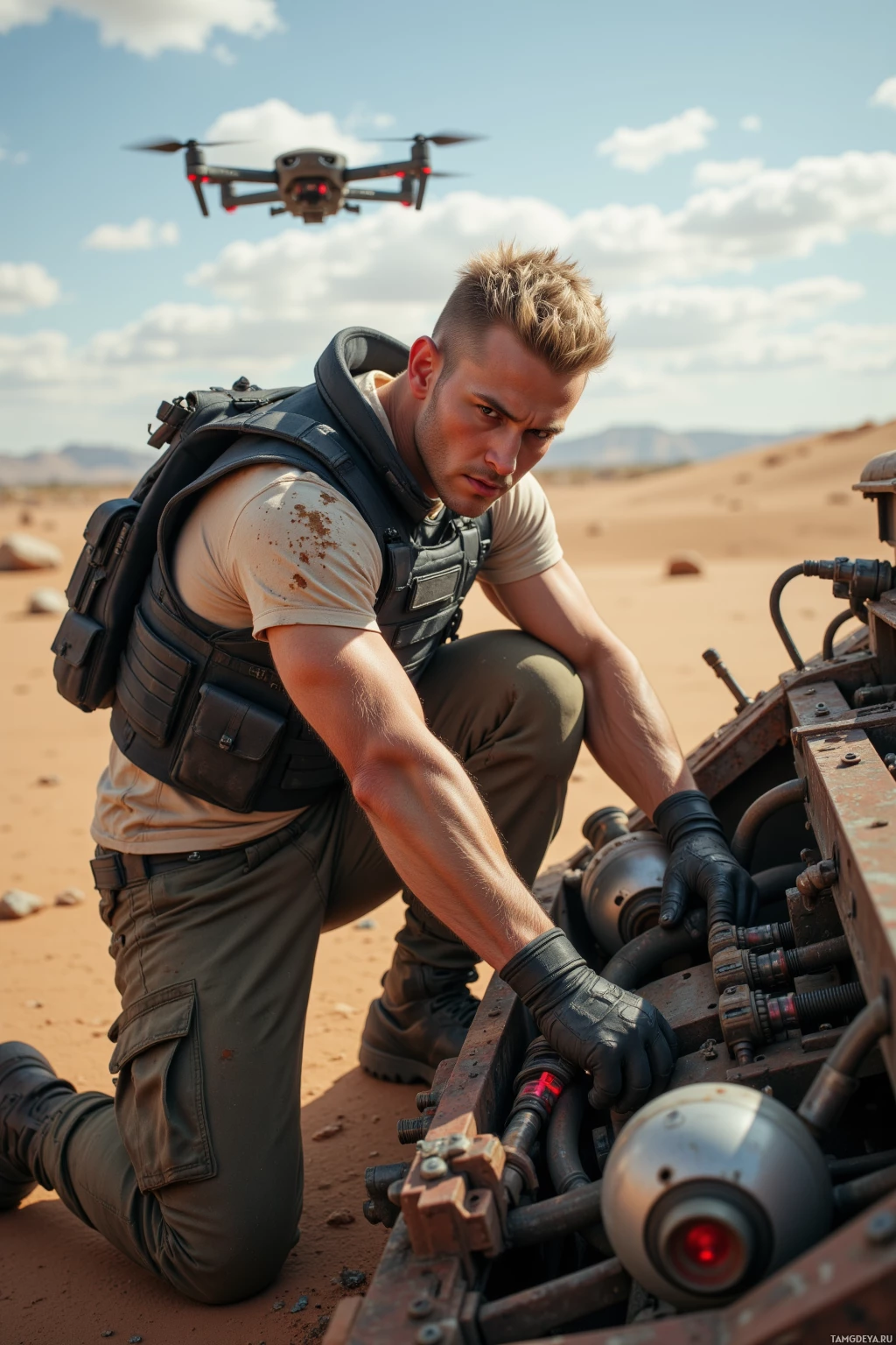 Realistic high quality photo. A lean 38‑year‑old male with a blonde mohawk, piercing blue eyes, dusty black tactical vest over a sand‑stained shirt, fingerless gloves, and heavy cargo pants is patching coolant lines on a rusted truck in a barren wasteland, wind rattling the hull, a hovering drone surveilling overhead, red warning lights illuminating the scene, broken horizon stretching behind him.