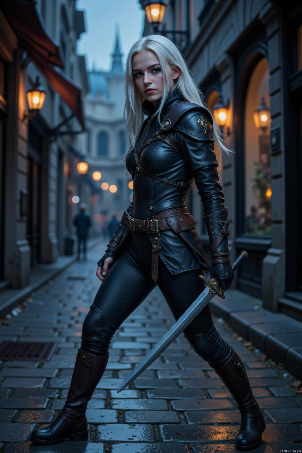 Realistic high quality photo. Female drow assassin with white hair and piercing blue eyes, wearing sleek dark leather armor, poised on moonlit cobblestones in a quiet city alley at night, holding a cold blade and surrounded by silent shadows with distant city lights behind her.