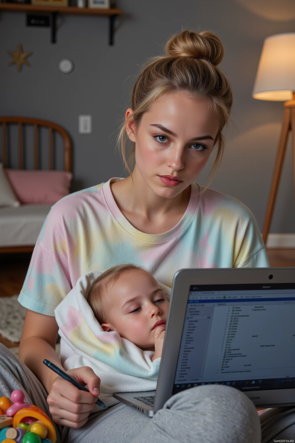 Realistic high quality photo. Woman, 27, light blonde hair in a loose bun, bright blue eyes, pastel t‑shirt, soft gray sweatpants, sitting on a modern nursery floor at night with a laptop open showing a spreadsheet, holding a sleeping baby wrapped in a burp cloth draped over her arm like a peace treaty, a toy chest with rattling toys nearby, a night light glowing softly, she scribbles on a notepad while breathing calmly.