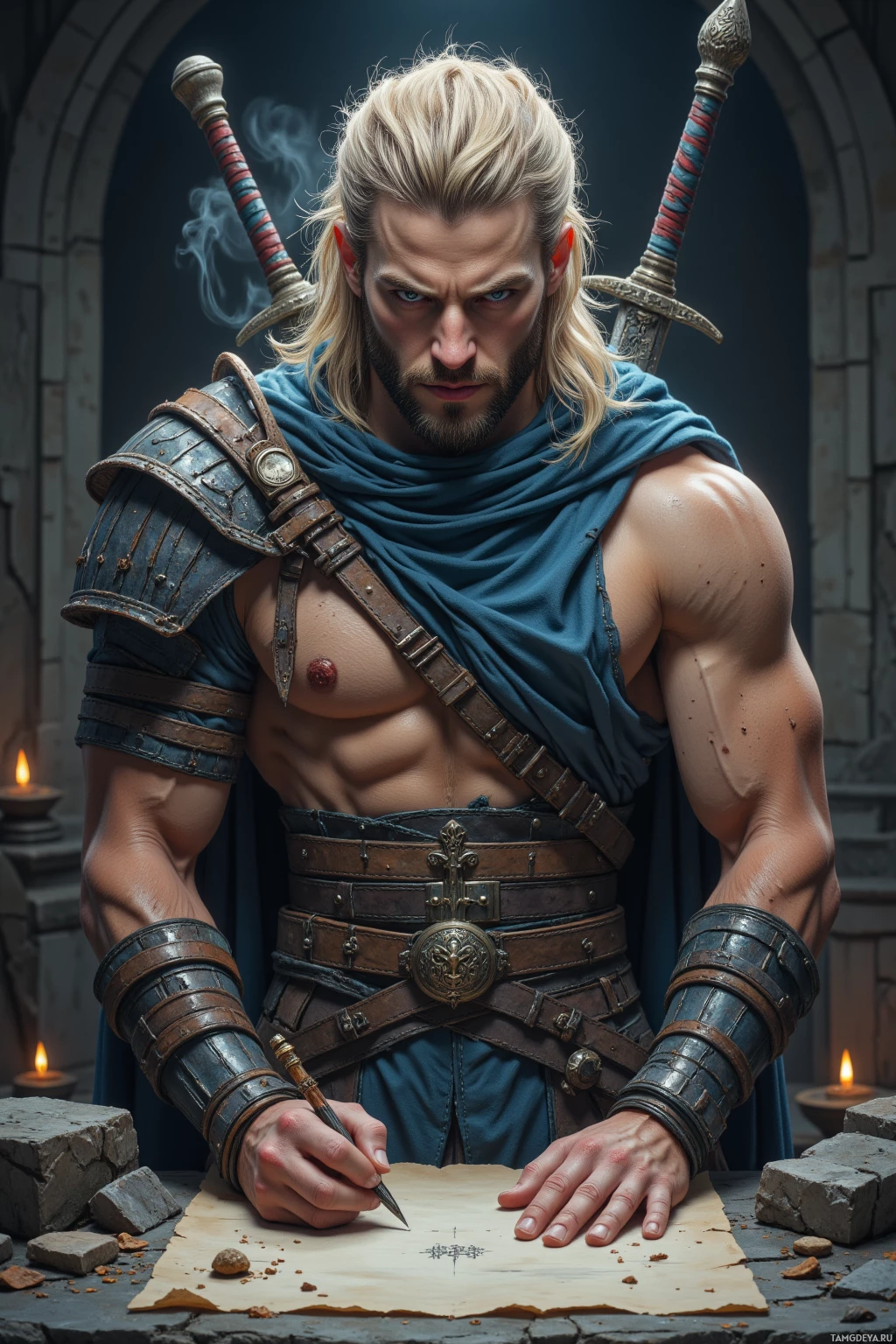 Realistic high quality photo. A muscular 36‑year‑old male warrior with wild, tousled blonde hair, piercing blue eyes, pale skin, battle‑worn leather armor torn to reveal his physique, stands at a quiet stone shrine in twilight, writing with ink on parchment beside his humming sword as soft incense smoke curls around him.
