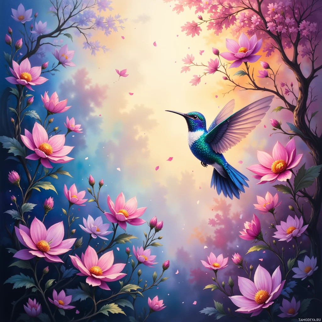 Semi-abstract image with many empty light space at center of beautiful background, that is suitable for the post:  A hummingbird pauses mid‑flight to taste the scent of a page, whispering its fluttering tale to my hidden ear.