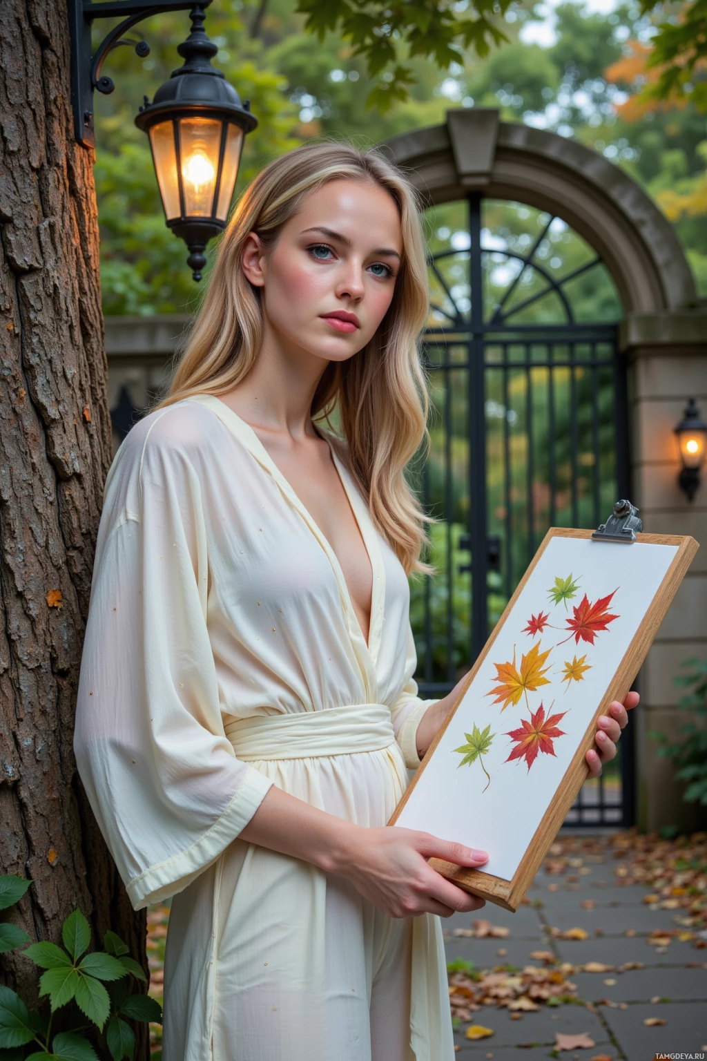 Realistic high quality photo. A 34‑year‑old woman with long curly blonde hair, blue‑green eyes, pale glowing skin, wearing a flowing white jumpsuit with shimmering geometric patterns, stands beside an old maple tree in a quiet garden sketching leaf lattices with a watercolor palette beside her, a flickering streetlight overhead, and an iron garden gate with intricate ironwork in the background, daytime, mystery vibe.