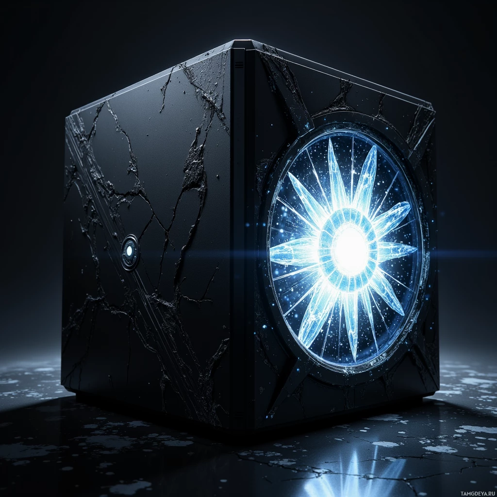 Semi-abstract image with many light, that is suitable for the post:  Black cube, matte black exterior with a finely etched silver spiral on one face, a glowing holographic screen inside showing a glitchy snowflake lattice, sleek micro fusion cell core visible as a subtle pulsing glow.