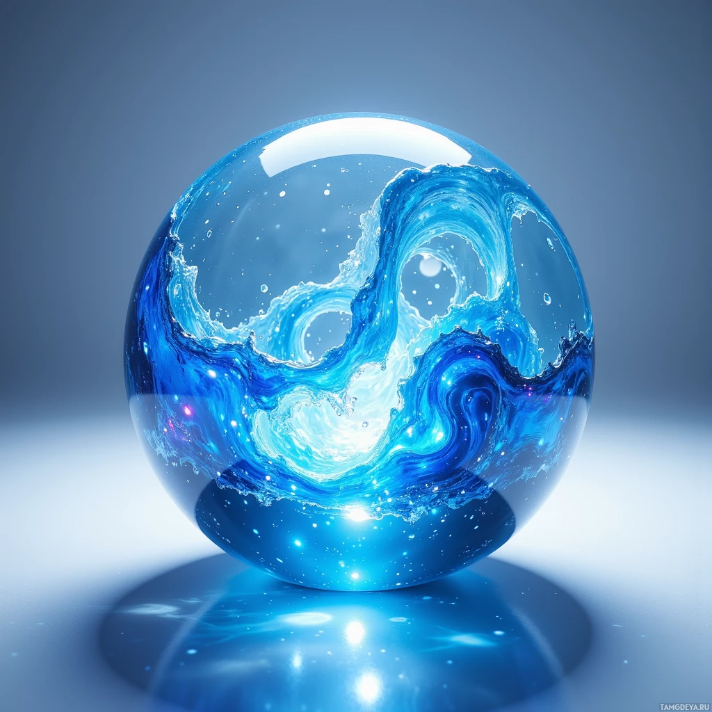 Semi-abstract image with many light, that is suitable for the post:  Floating iridescent glass sphere lamp, clear glass with a swirling thin blue liquid inside, a lattice of micro‑LEDs pulsing beneath the glass in perfect harmony, subtle ripple effects, modern minimalist design, soft blue glow, transparent and reflective surface.