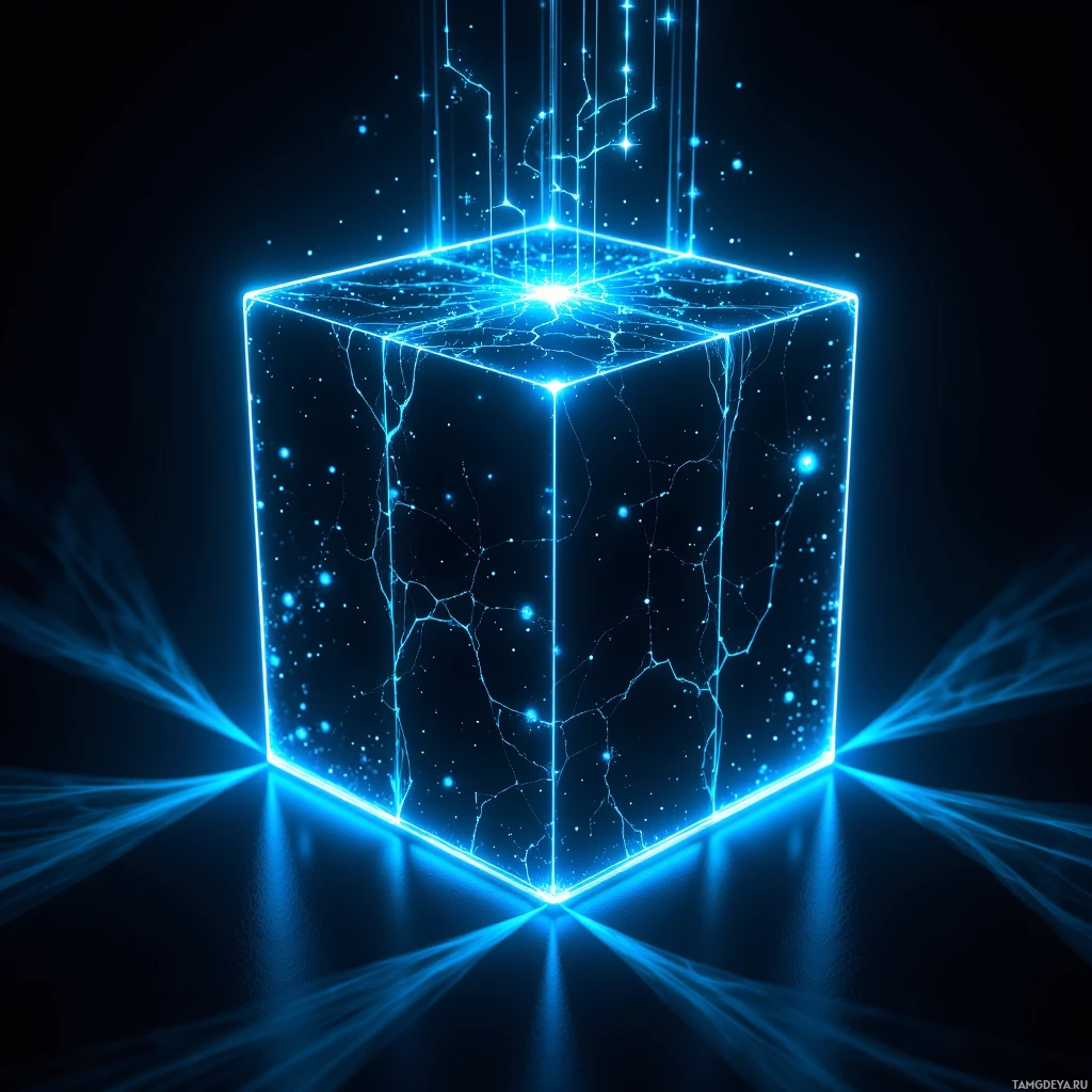 Semi-abstract image with many light, that is suitable for the post:  Matte black cube with translucent pulsing neon veins in electric blue, holographic waveform touch surface, side speed‑tracking bar, and an adaptive glowing light field radiating from its edges.