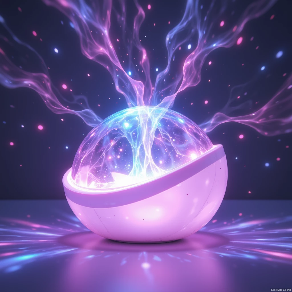 Semi-abstract image with many light, that is suitable for the post:  lilac bubble-shaped handheld hologram projector, pastel pink with soft glowing edges, sleek translucent body, ergonomic touchpad surface, color-changing holographic display reflecting ambient lighting and capable of projecting 3D holograms.