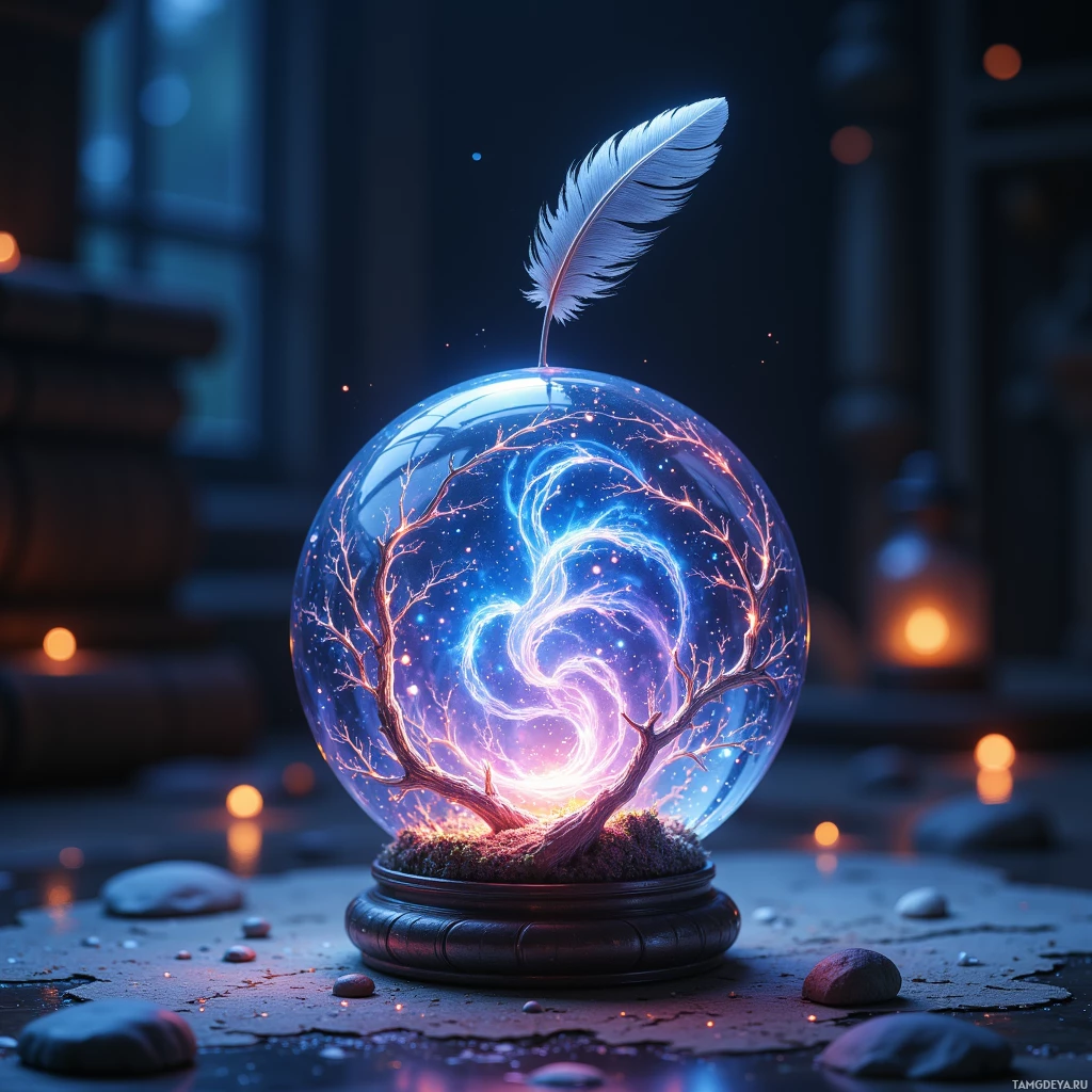 Semi-abstract image with many light, that is suitable for the post:  Tiny crystal globe lantern with a swirling miniature sky inside, translucent glass etched with glowing iridescent vines, a silver feather protruding, emitting soft pulsing light.