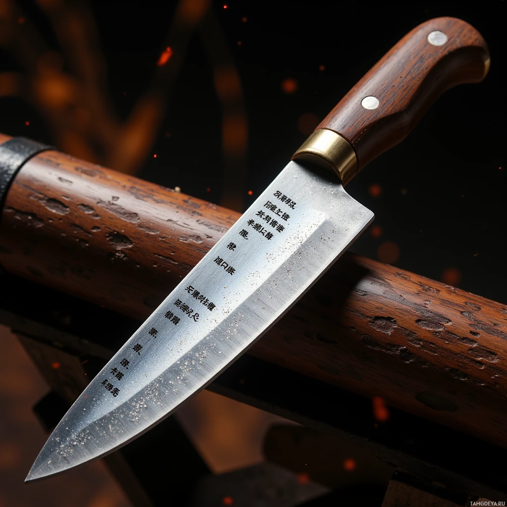 Semi-abstract image with many light, that is suitable for the post:  hand‑forged steel knife with a polished gleaming blade etched with a delicate haiku, dark walnut handle, small brass guard, balanced and sleek design.