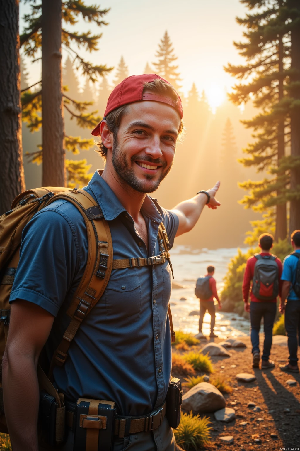 Realistic high quality photo. A 28‑year‑old man with short light brown hair, bright blue eyes, wearing a red cap and casual comfortable clothes, stands at sunrise on the edge of a forest, enthusiastically pointing toward a hidden stream while cheerful hikers gather around under warm morning light.
