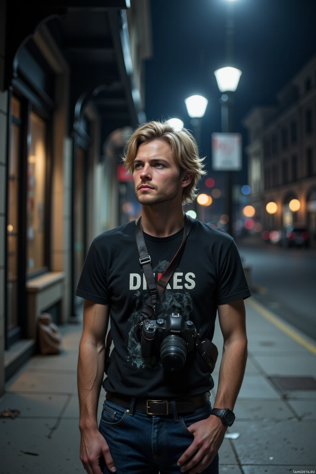 Realistic high quality photo. A 27‑year‑old man with tousled blonde hair, blue‑green eyes, pale skin, wearing a black graphic t‑shirt and dark jeans, holding a camera with lens cases on his belt, standing alone under a flickering streetlamp on an empty city sidewalk at night, looking pensively at the dim streets.