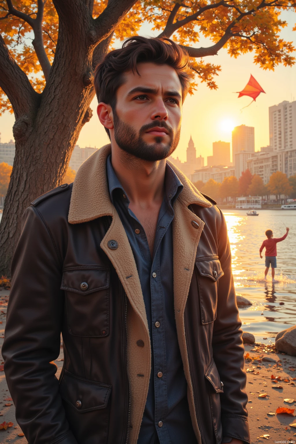 Realistic high quality photo. Male, 33, dark brown hair, beard, wearing a smart casual jacket, calm expression, walking along a city riverbank at sunset, with an old oak tree and a child chasing a kite, reflecting on quiet thoughts.