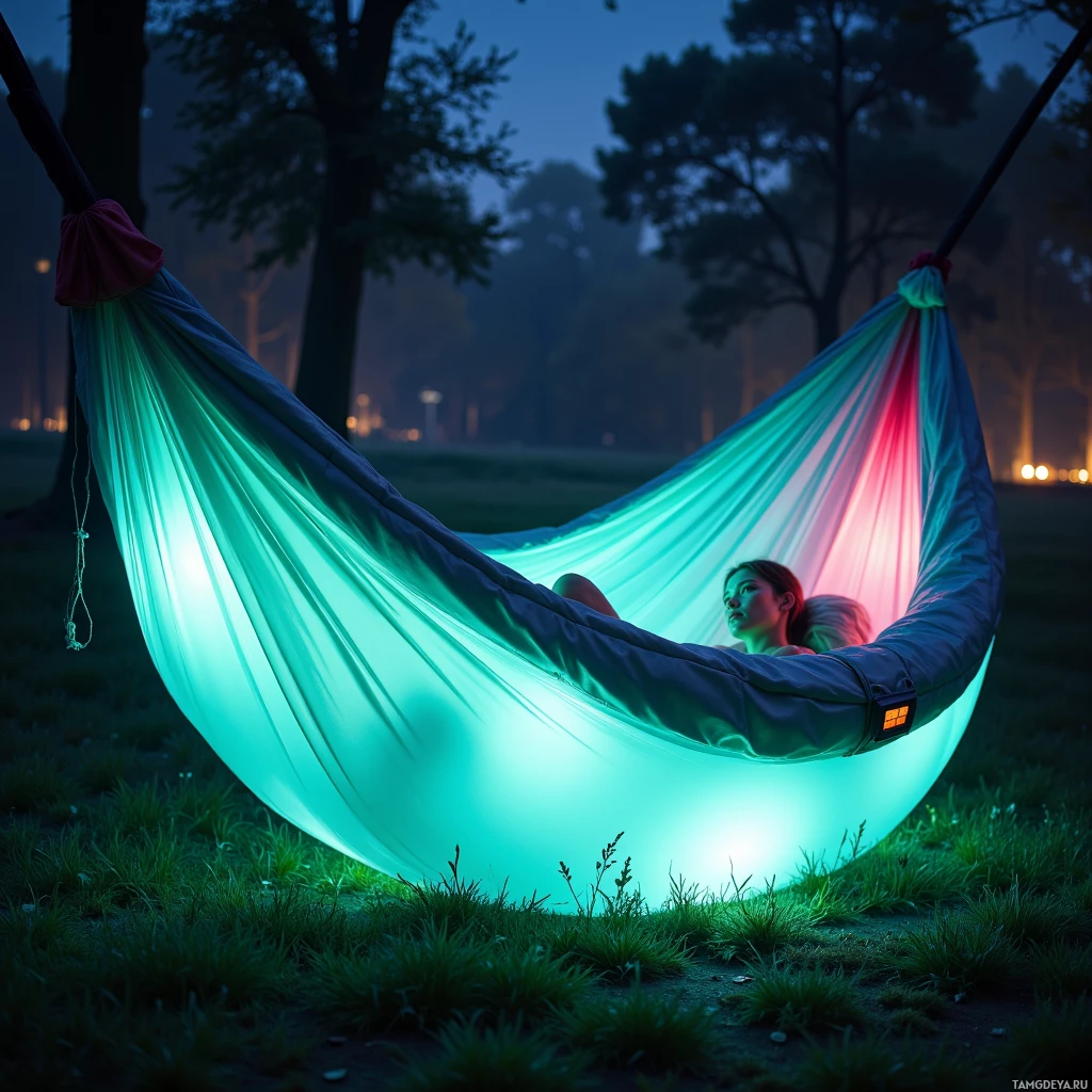 Semi-abstract image with many light, that is suitable for the post:  Sleek single‑panel inflatable pop‑up hammock with integrated Bluetooth speaker, flickering LED mood lights, a small solar panel on the fabric, pastel turquoise and soft gray colors, folded into a compact carry‑case.