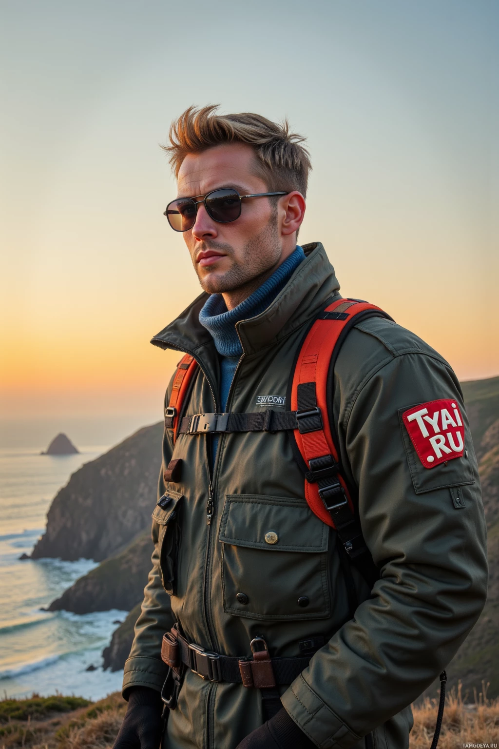 Realistic high quality photo. A tall 35‑year‑old man with short blonde hair and blue eyes, wearing a pilot uniform and aviator sunglasses, stands on a cliff edge at dawn, wind whipping his jacket, holding a high‑rope harness, gazing toward the horizon in a calm, determined pose.