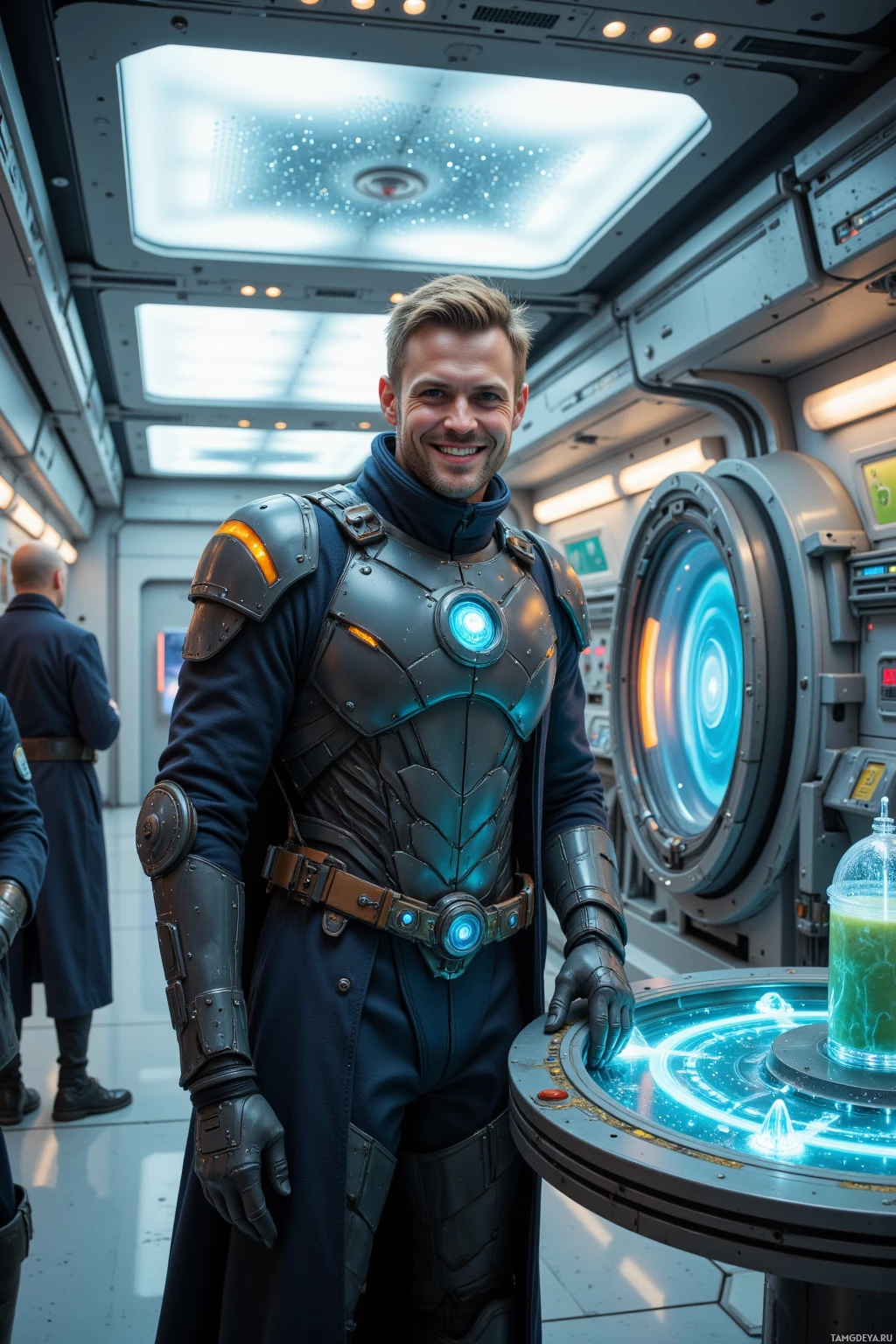 Realistic high quality photo. A 35-year-old man with short light brown hair, blue eyes, wearing sleek futuristic armor and a long dark coat, smirking confidently as he recalibrates a holographic astrogation rig on a bright spaceship deck, crew laughing nearby, maintenance bay equipment and a holographic warp core, a tray of algae smoothies displayed, all under bright overhead lights.